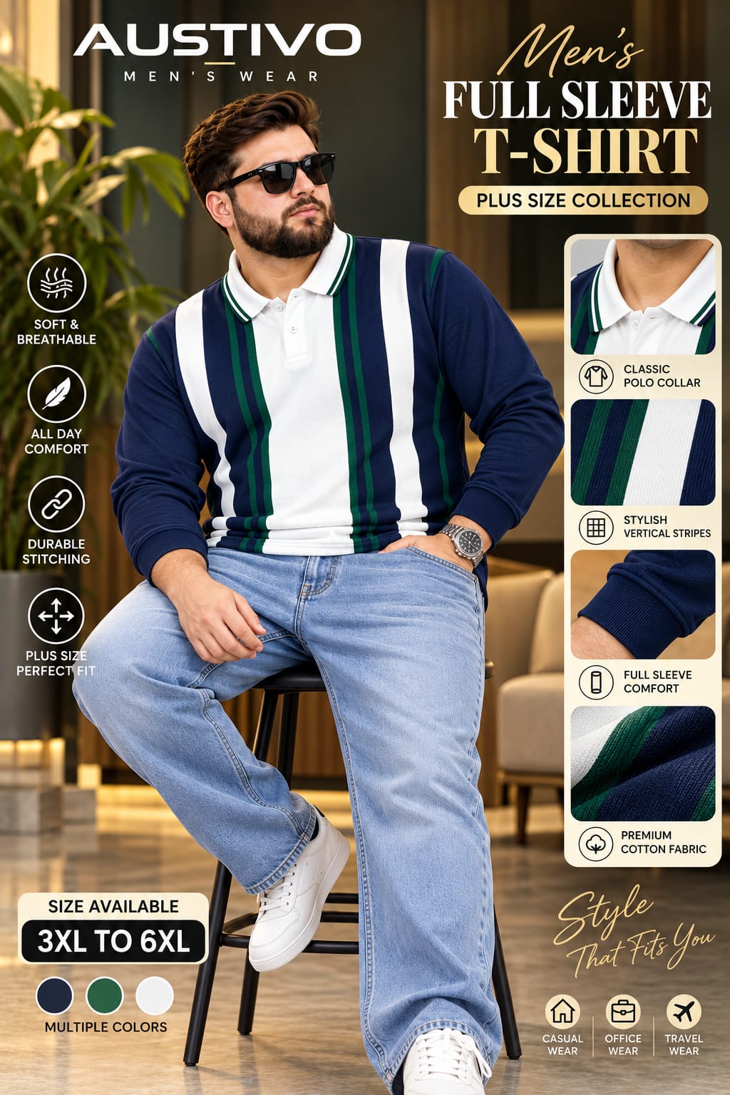 AUSTIVO Men's Plus Size Full Sleeve Polo Neck T-Shirt