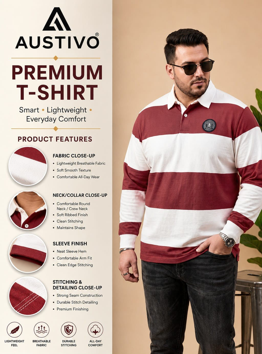 AUSTIVO Men's Plus Size Full Sleeve Polo Neck T-Shirt