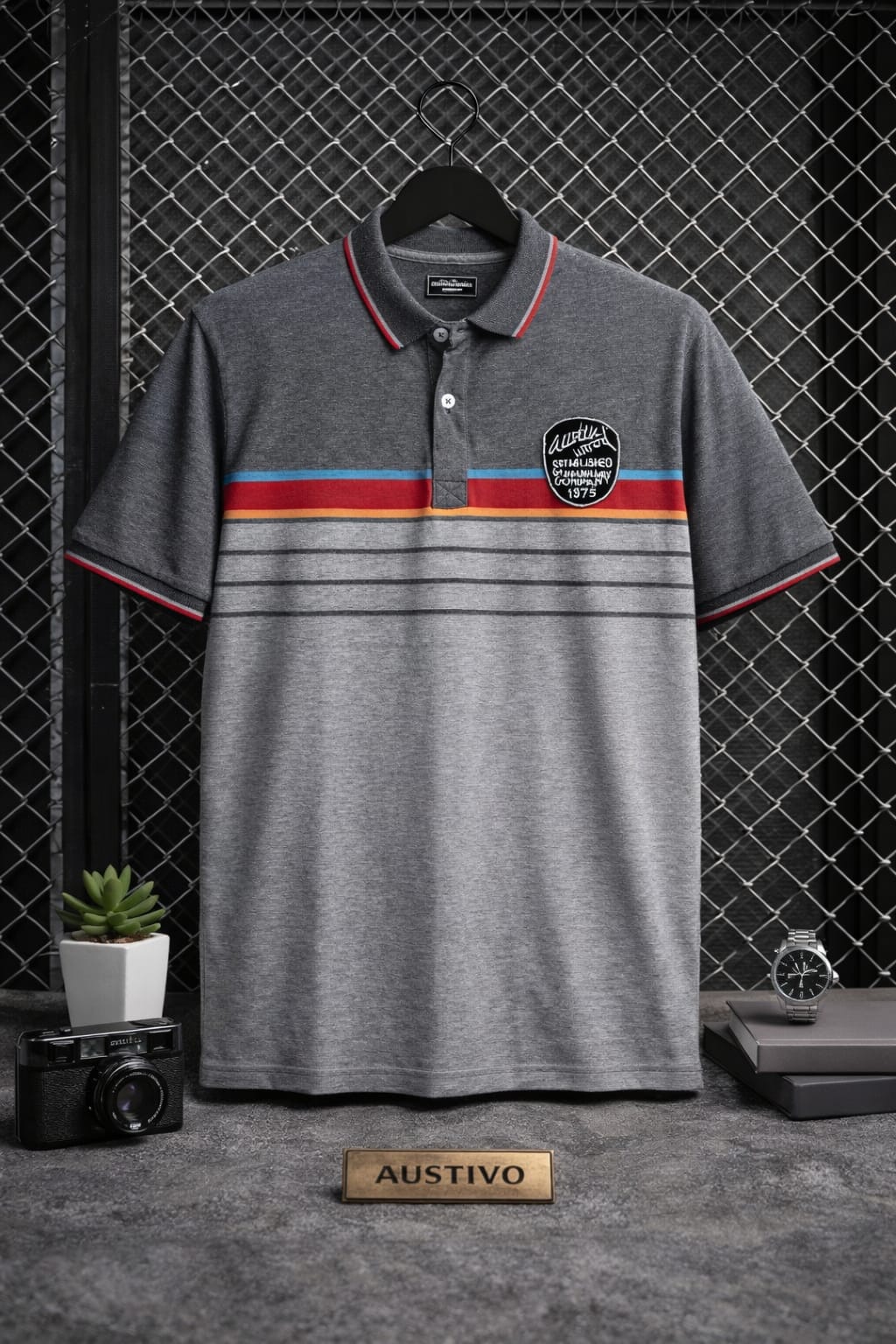Grey Striper Polo T-shirt 3XL / Grey / cotton blend