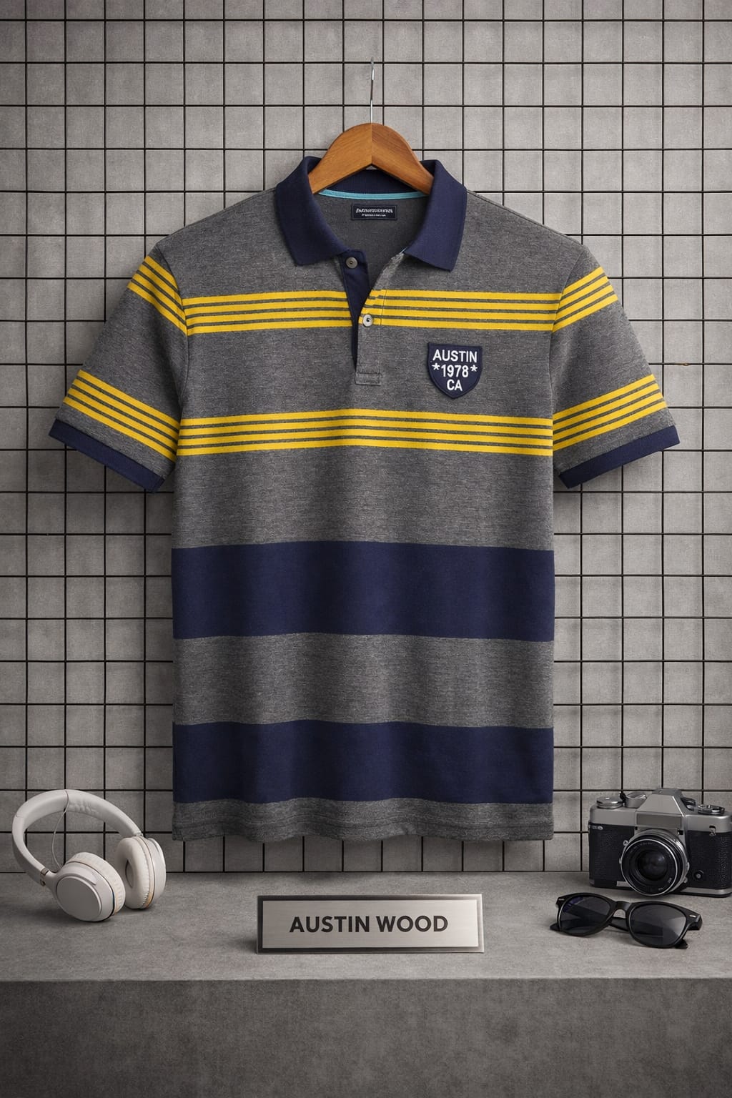 Austin Wood Grey Stripers Polo T-shirt