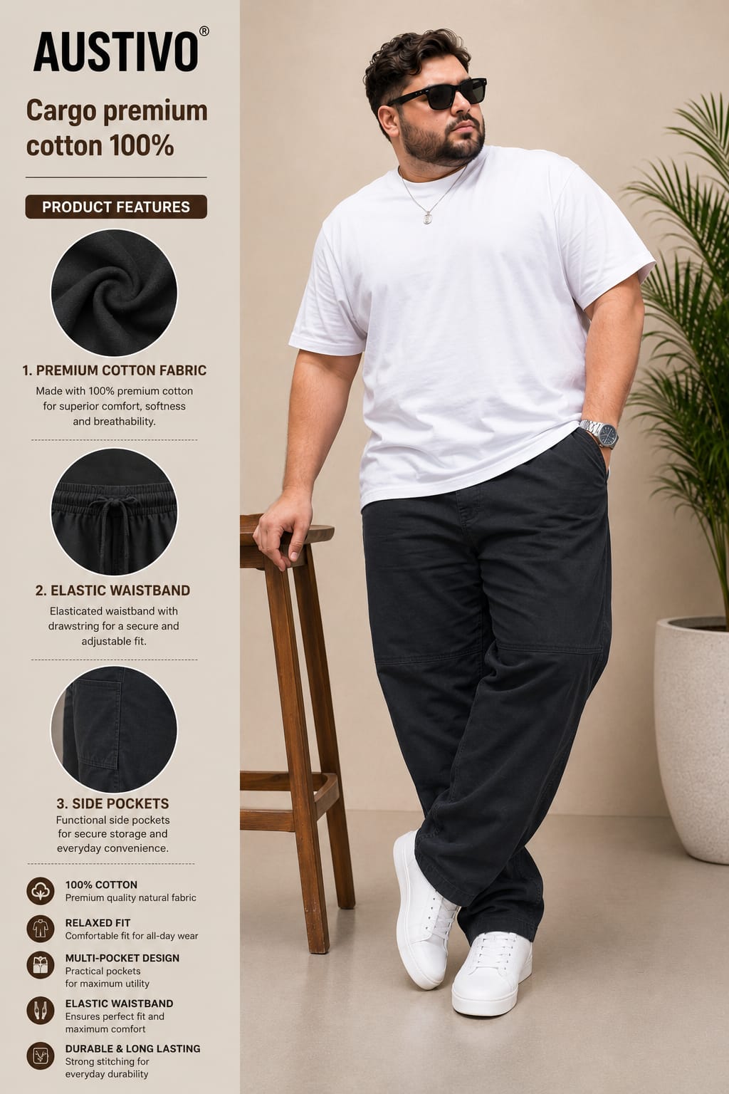 AUSTIVO Premium Men’s Plus Size 100% Cotton Cargo Pants