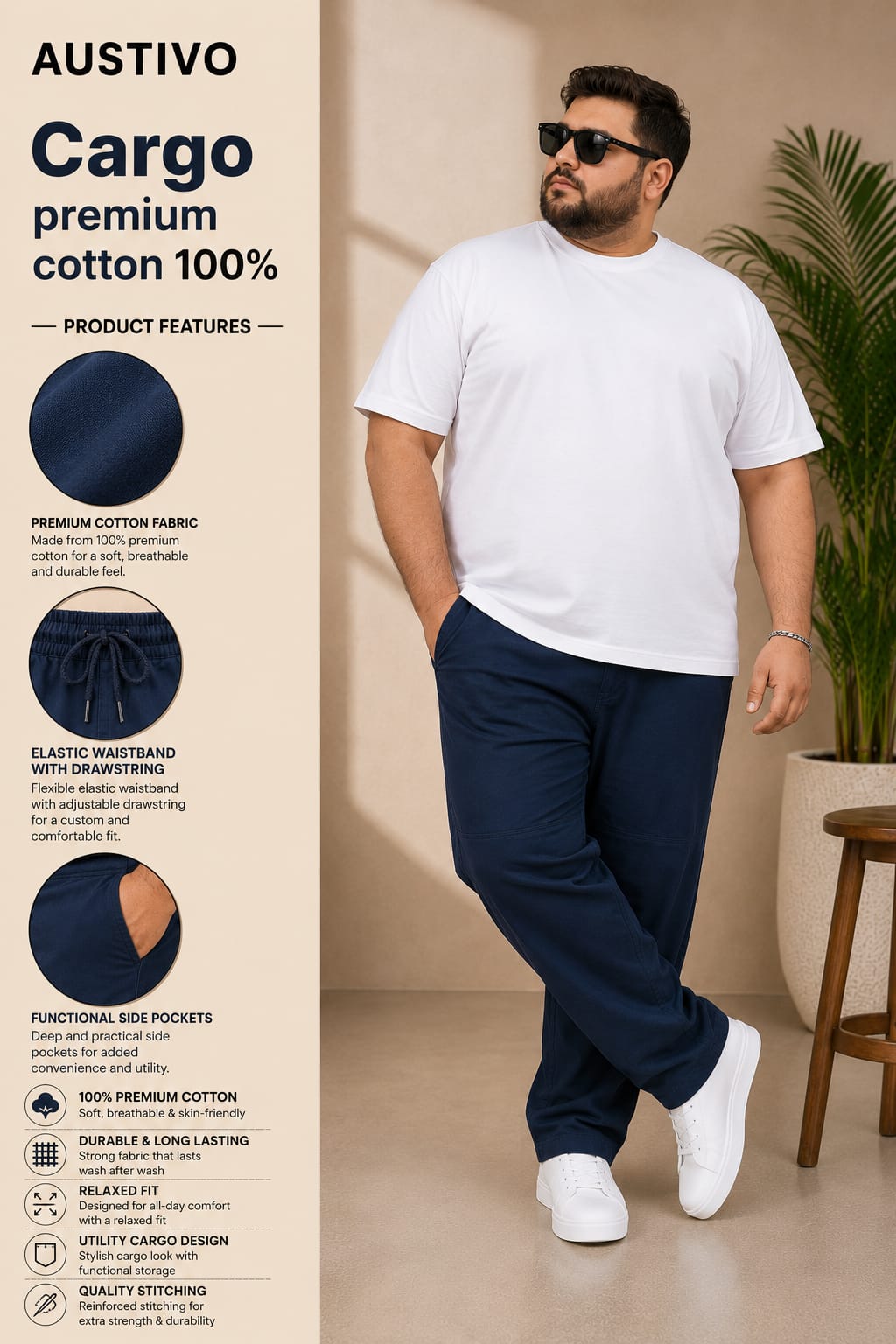 AUSTIVO Premium Men’s Plus Size 100% Cotton Cargo Pants