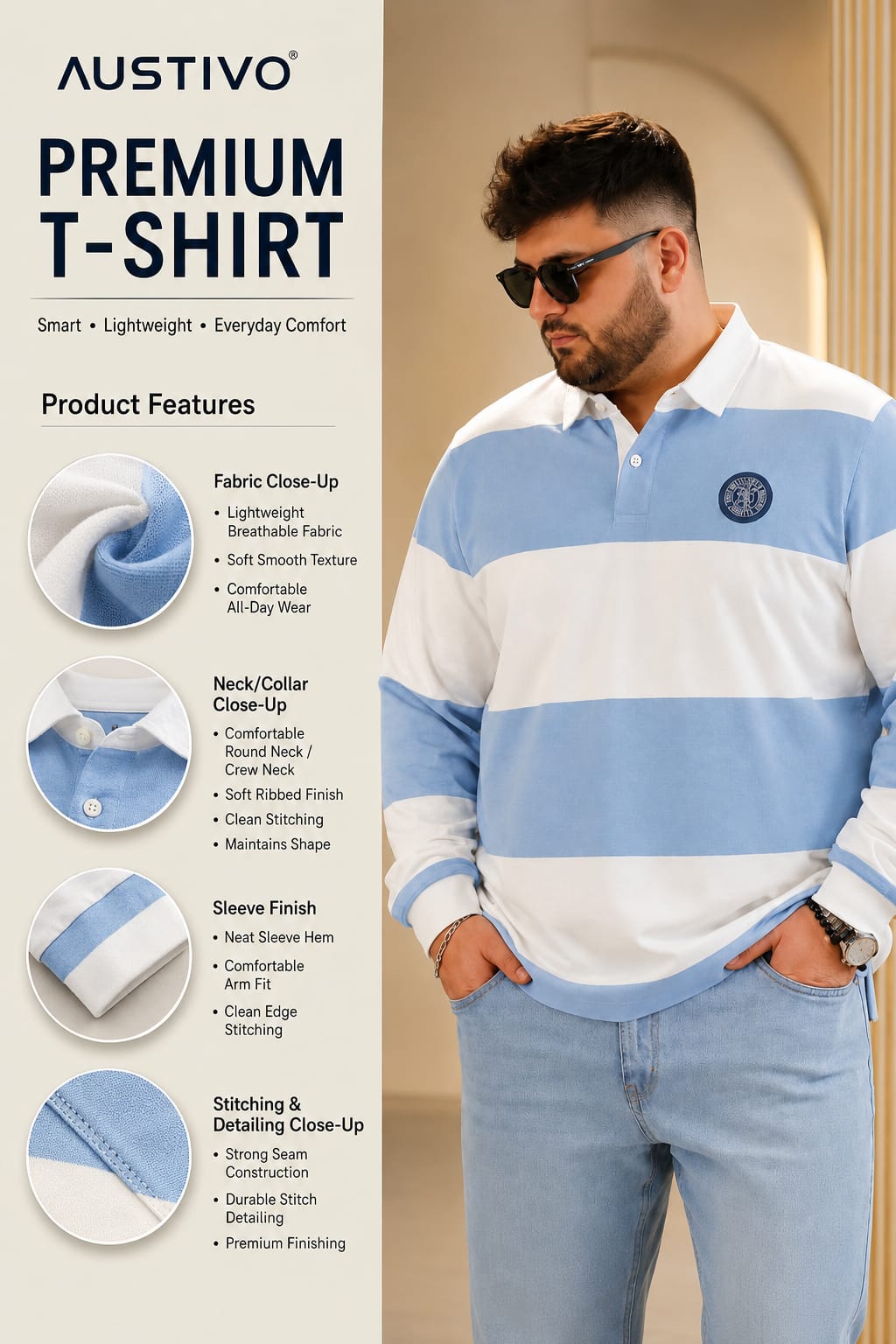 AUSTIVO Men's Plus Size Full Sleeve Polo Neck T-Shirt