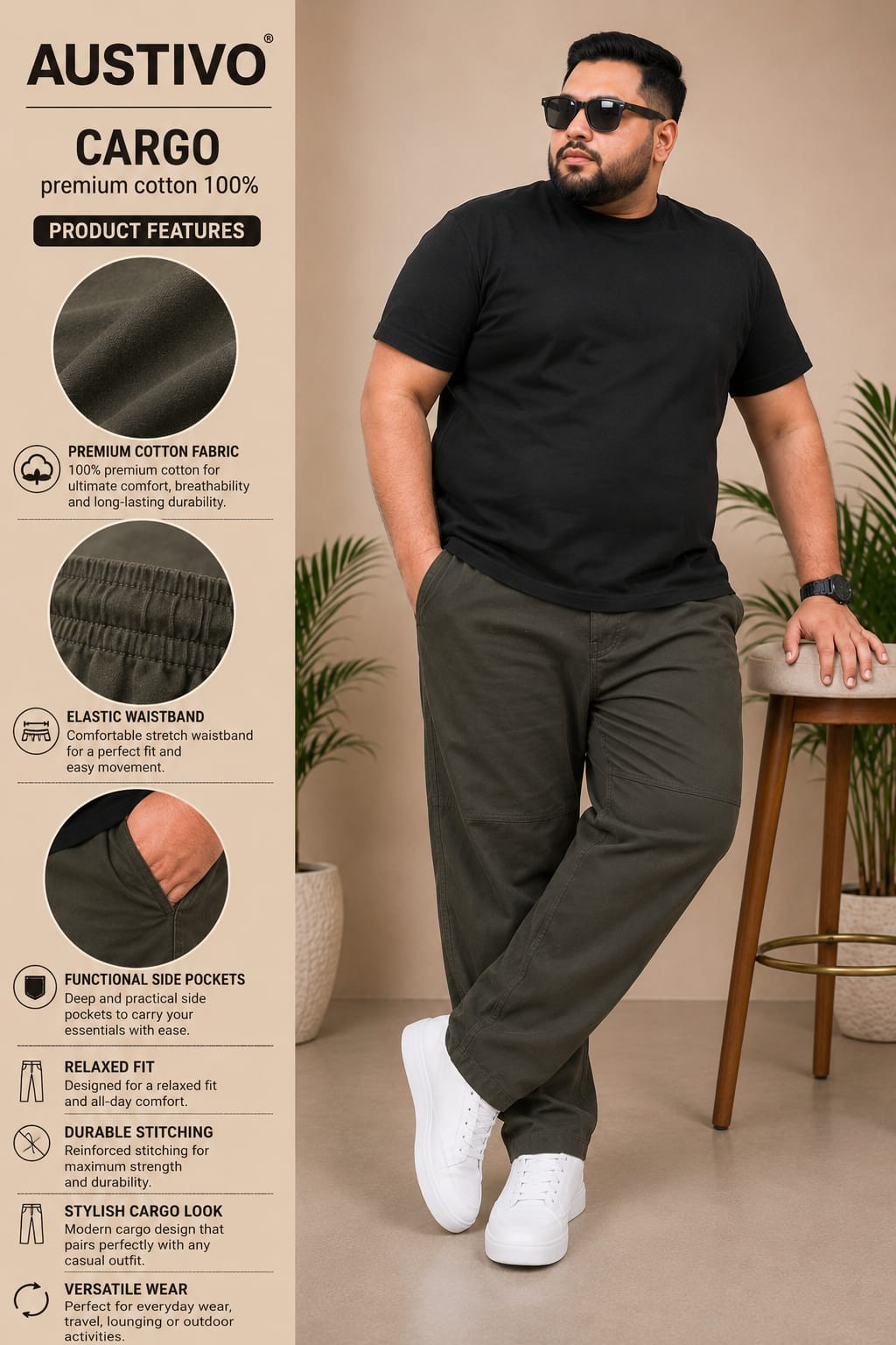 AUSTIVO Premium Men’s Plus Size 100% Cotton Cargo Pants