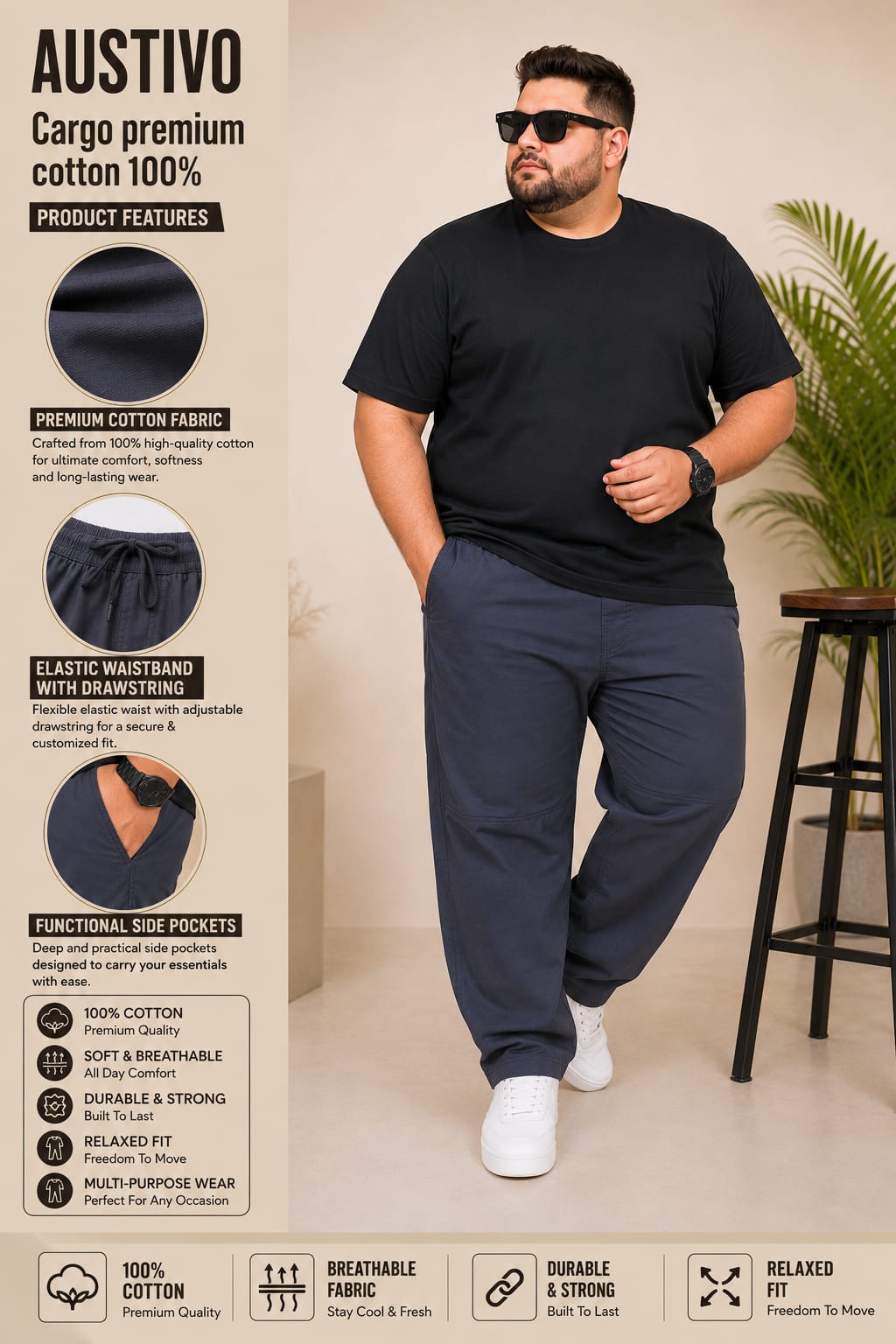 AUSTIVO Premium Men’s Plus Size 100% Cotton Cargo Pants