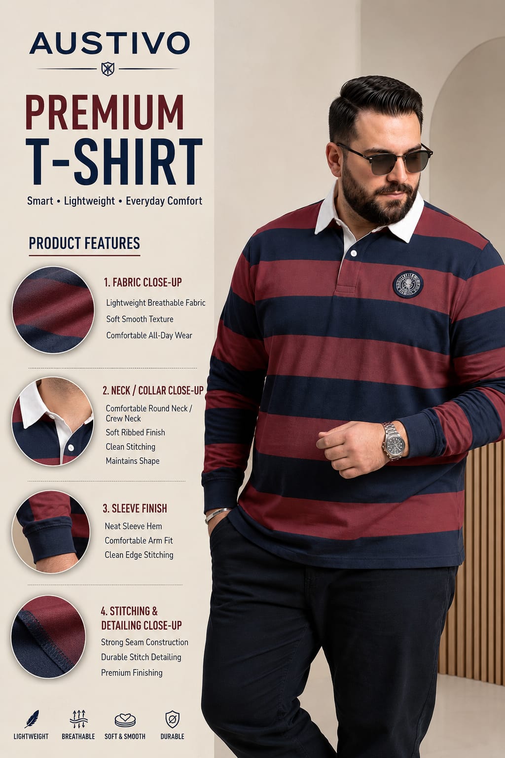 AUSTIVO Men's Plus Size Full Sleeve Polo Neck T-Shirt