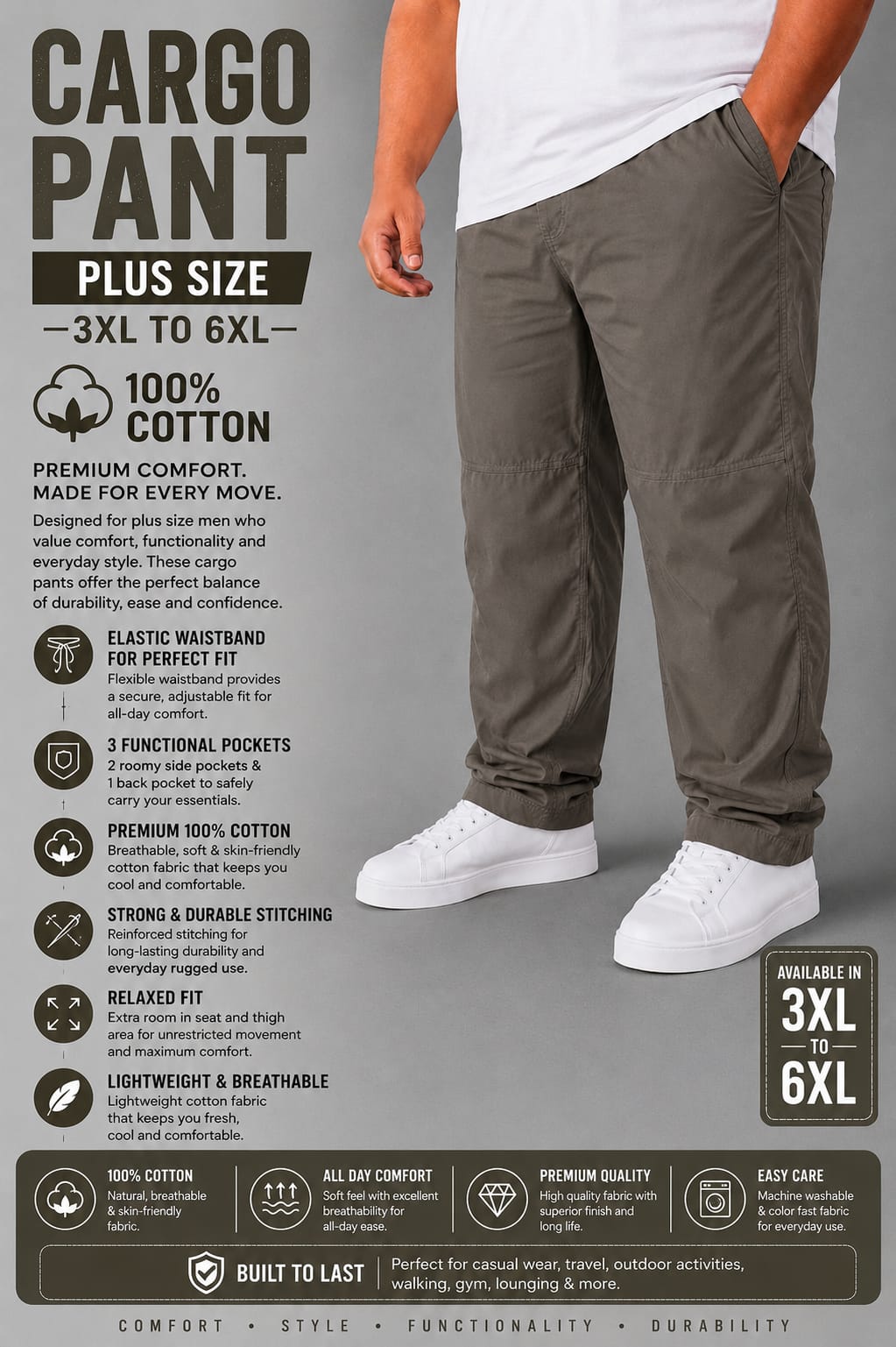 AUSTIVO Premium Men’s Plus Size 100% Cotton Cargo Pants