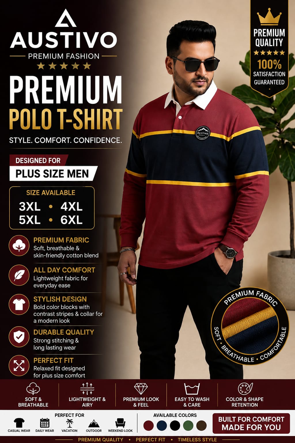 AUSTIVO Men's Plus Size Full Sleeve Polo Neck T-Shirt