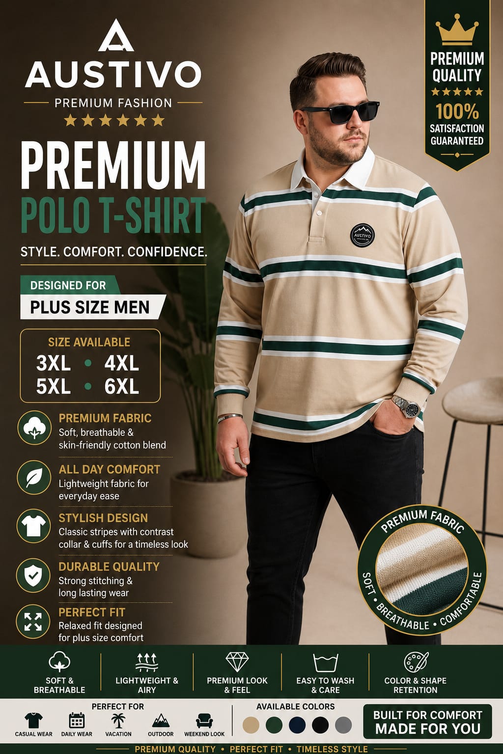 AUSTIVO Men's Plus Size Full Sleeve Polo Neck T-Shirt