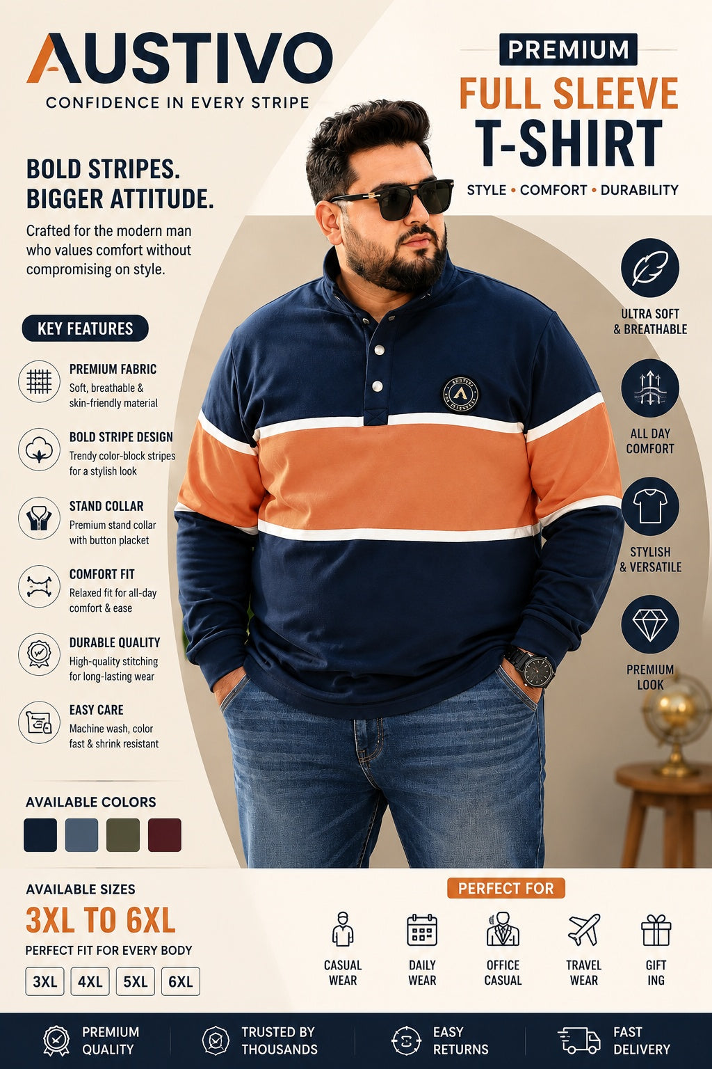 AUSTIVO Men's Plus Size Full Sleeve Polo Neck T-Shirt