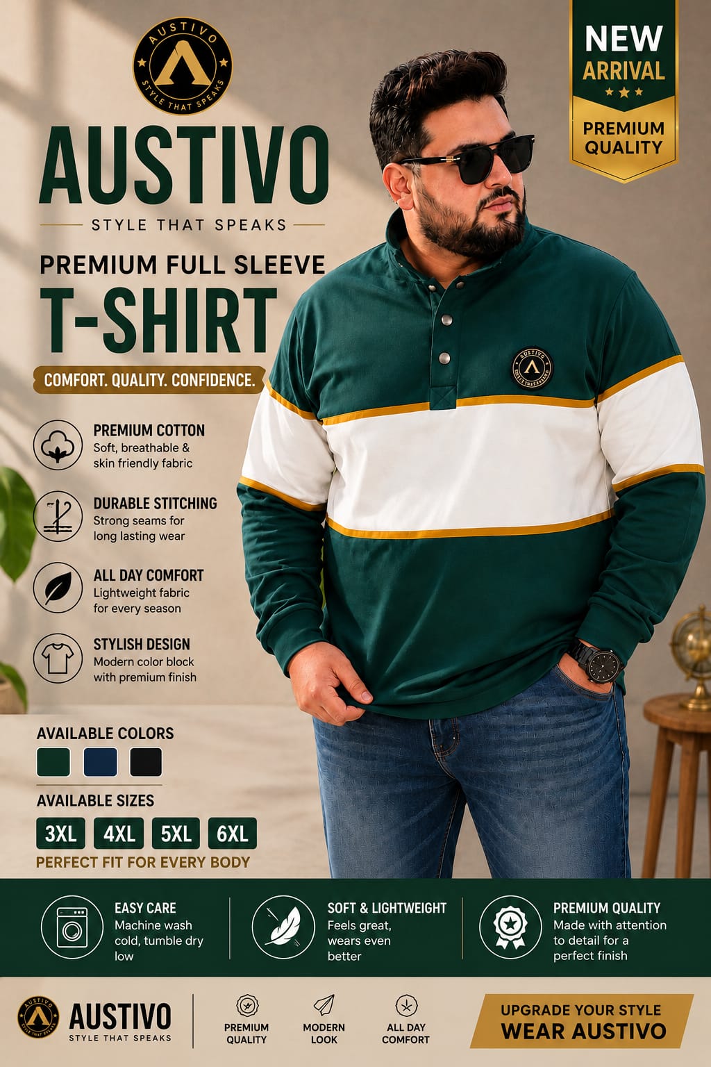 AUSTIVO Men's Plus Size Full Sleeve Polo Neck T-Shirt