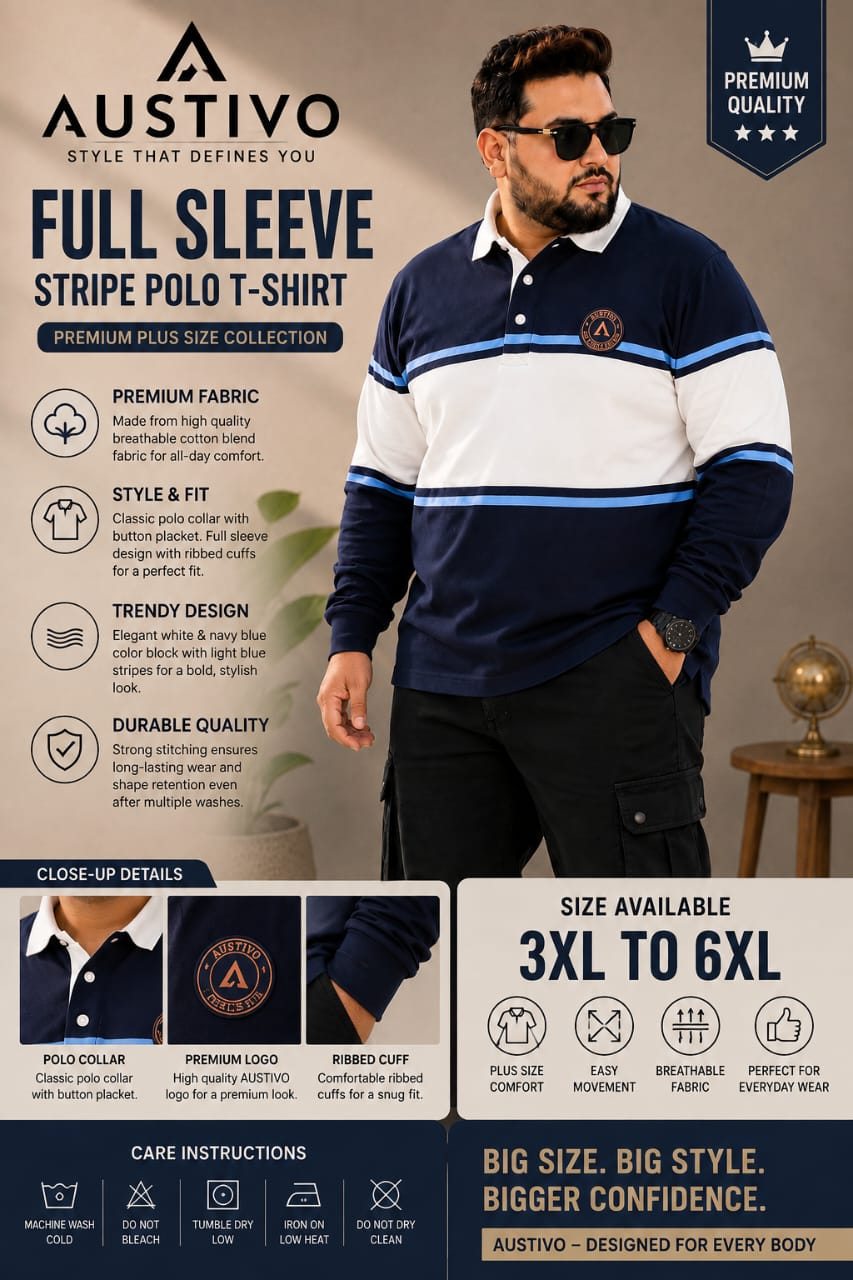 AUSTIVO Men's Plus Size Full Sleeve Polo Neck T-Shirt