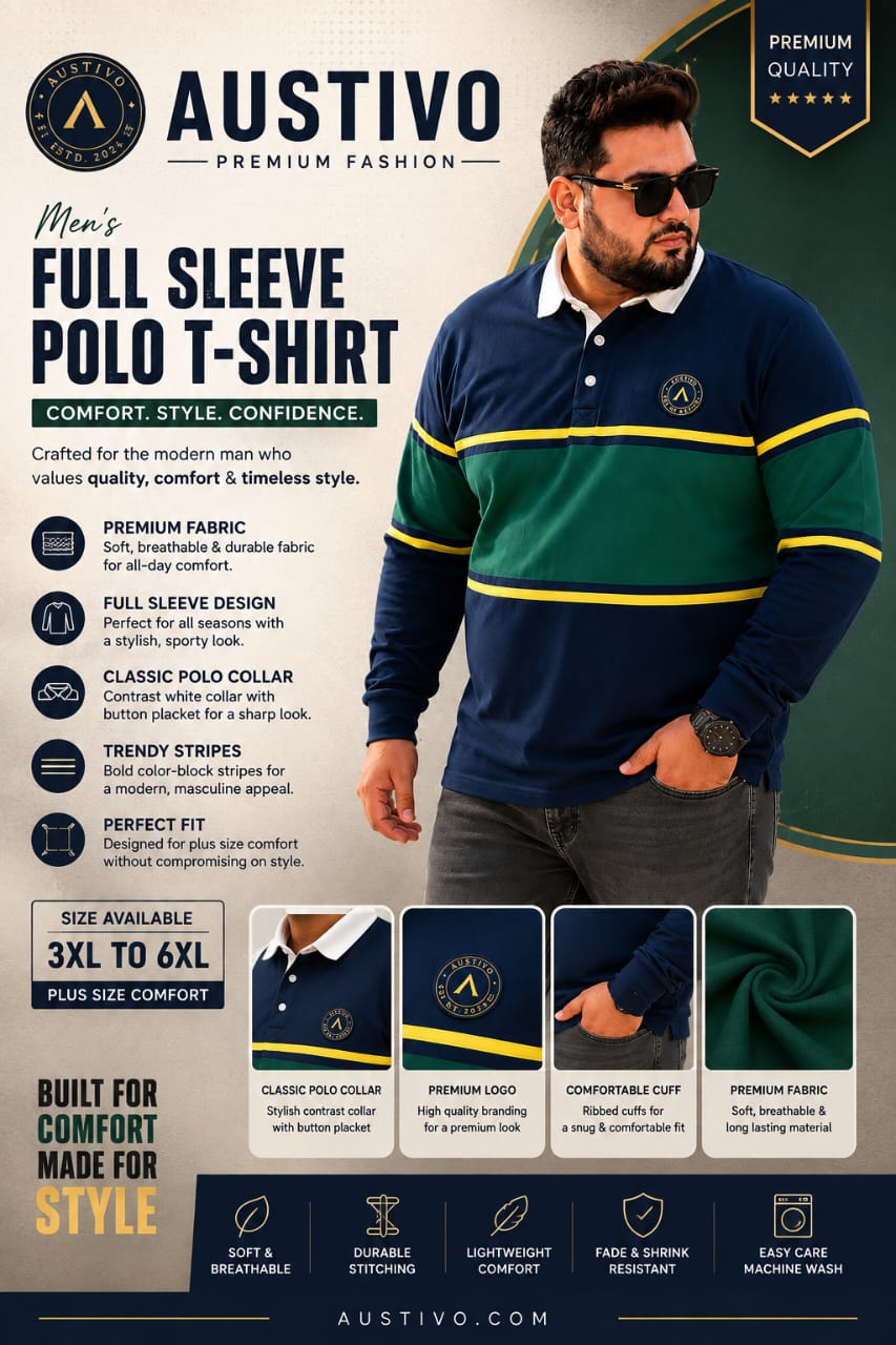 AUSTIVO Men's Plus Size Full Sleeve Polo Neck T-Shirt