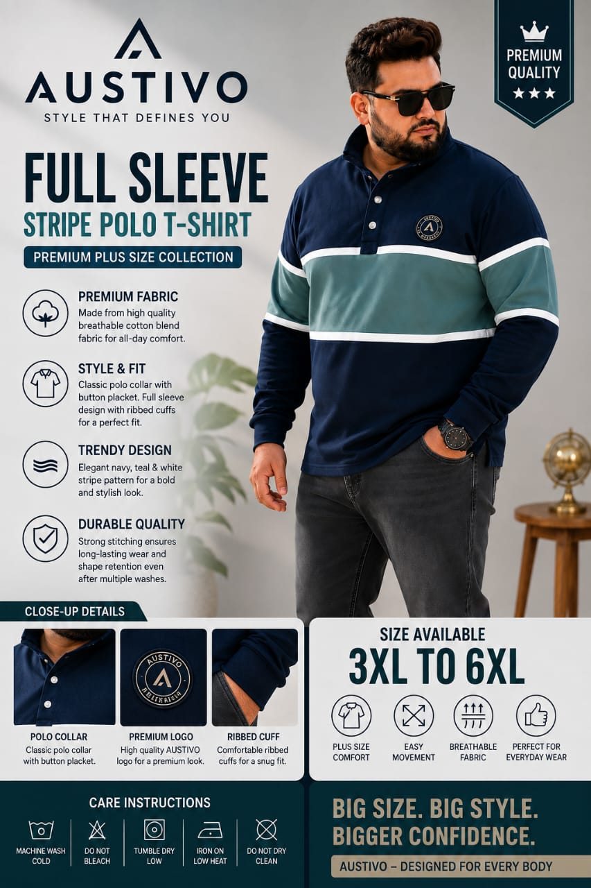 AUSTIVO Men's Plus Size Full Sleeve Polo Neck T-Shirt