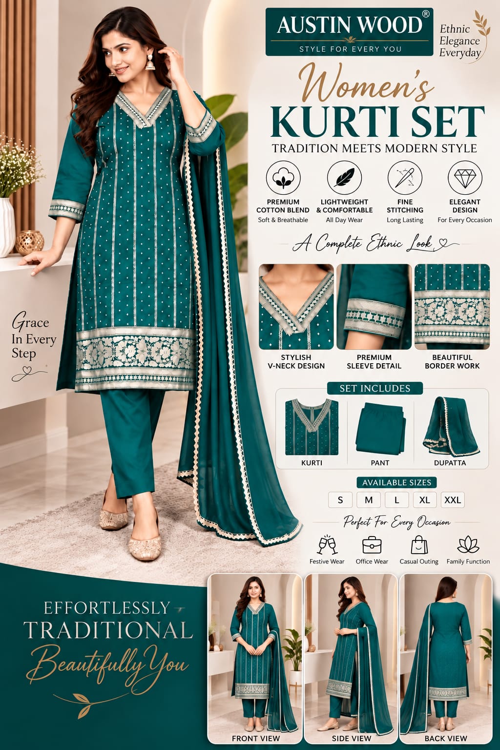 Austin Wood Women’s Kurti Set with Dupatta