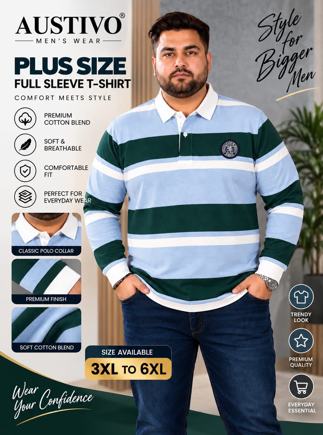 AUSTIVO Men's Plus Size Full Sleeve Polo Neck T-Shirt