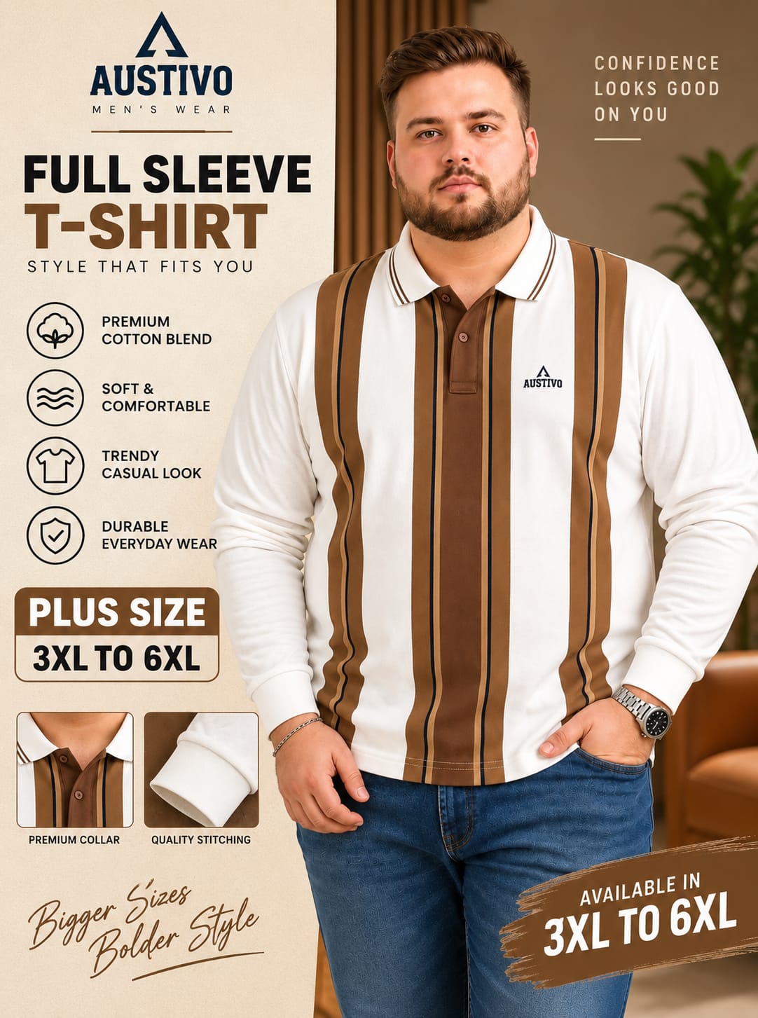 AUSTIVO Men's Plus Size Full Sleeve Polo Neck T-Shirt