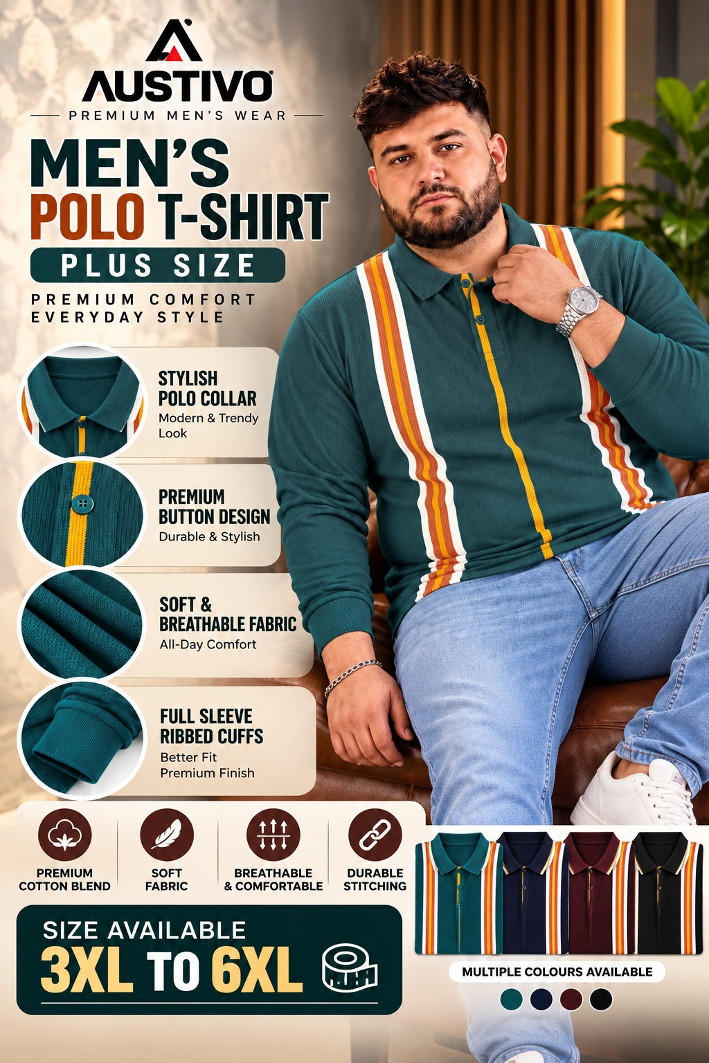 AUSTIVO Men's Plus Size Full Sleeve Polo Neck T-Shirt
