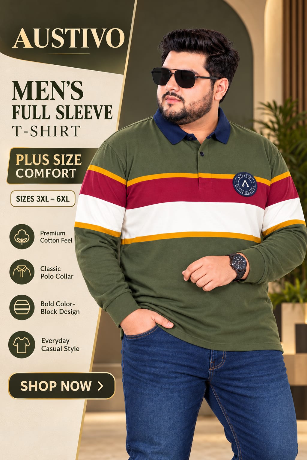 AUSTIVO Men's Plus Size Full Sleeve Polo Neck T-Shirt
