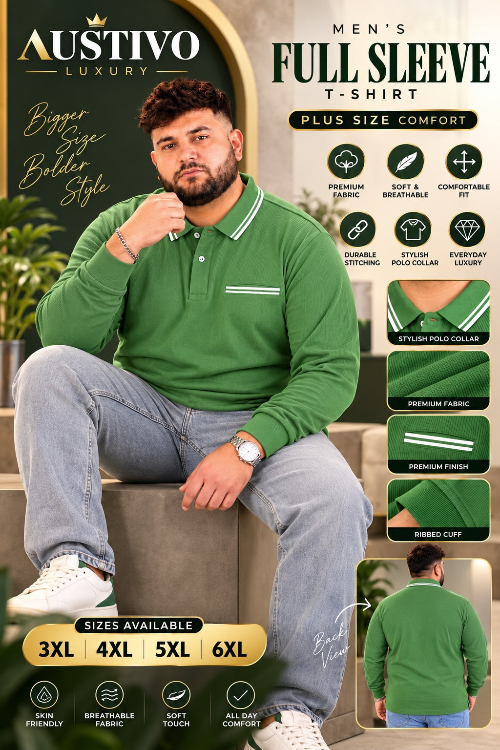 AUSTIVO Men's Plus Size Full Sleeve Polo Neck T-Shirt