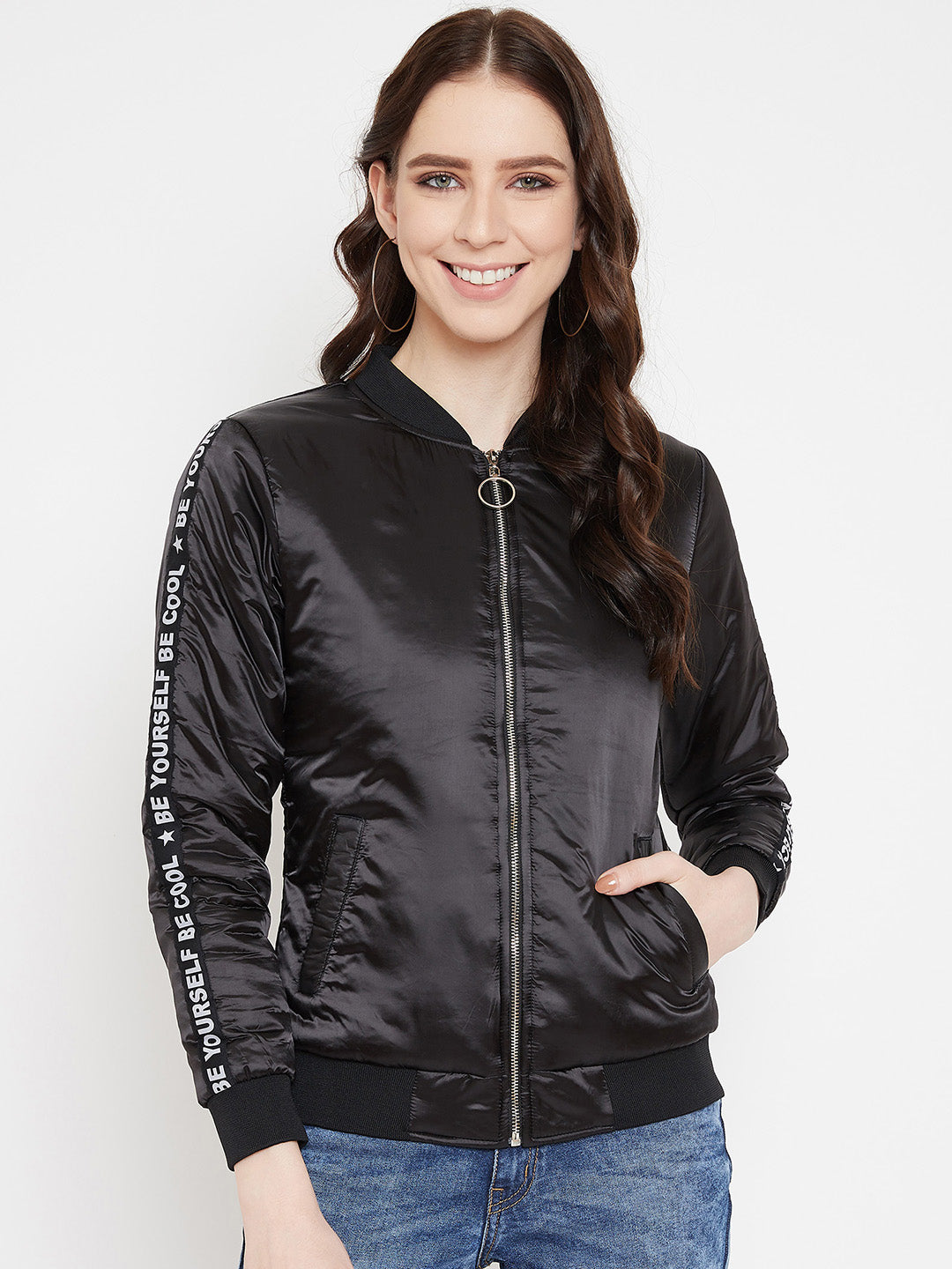 Austin Wood Women's Black Solid Full Sleeves Bomber Neck Jacket With Size Tape