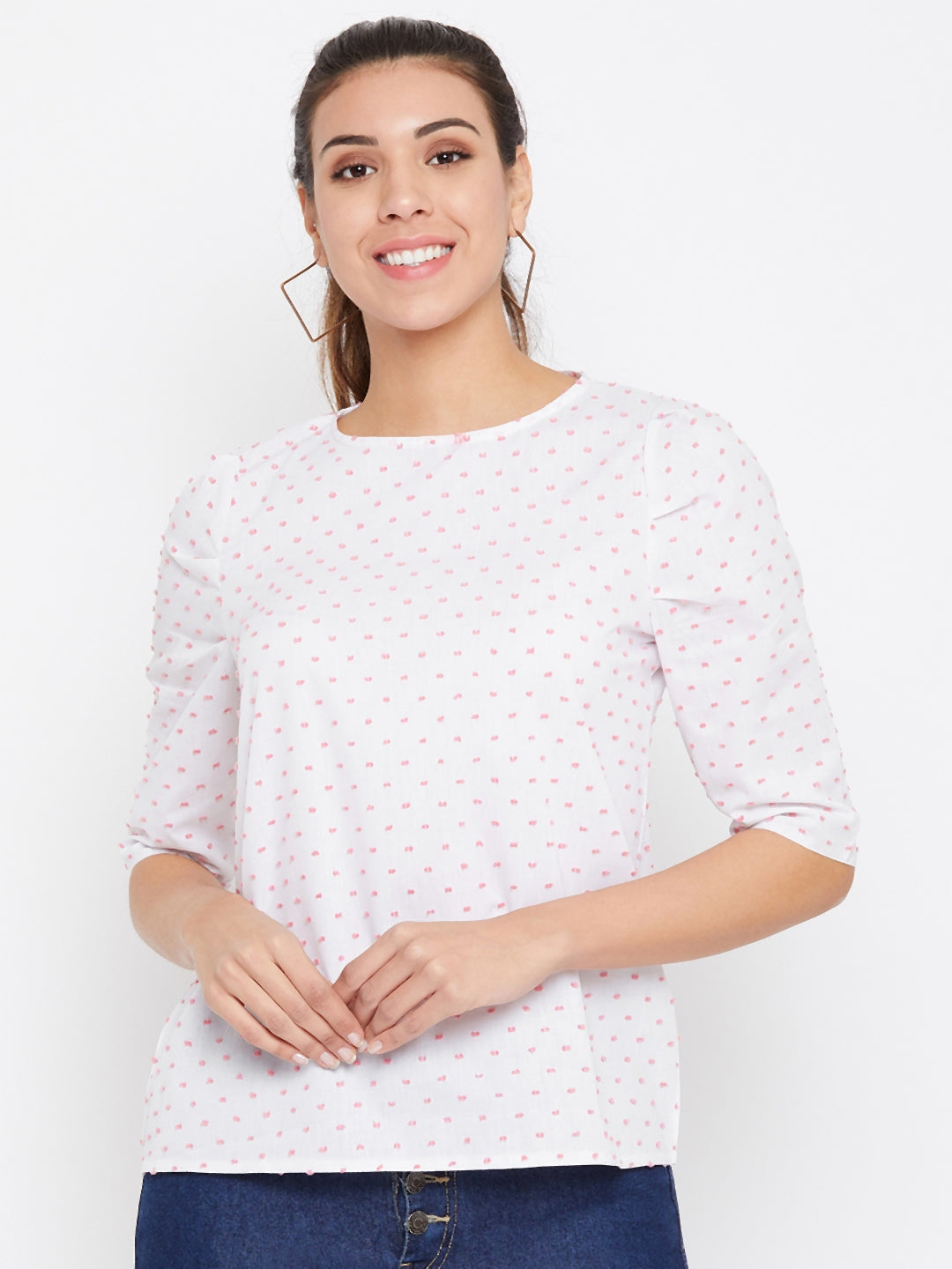 Austin Wood Casual Half Sleeve Printed Women White Top