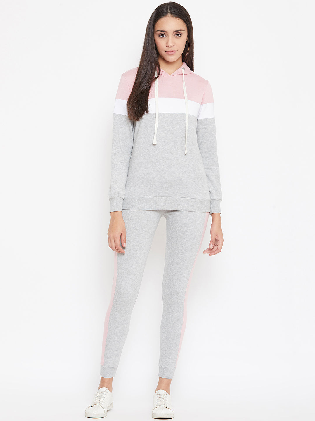 Austin Wood Women'sGrey Full Sleeves Colorblocked Hooded Tracksuit