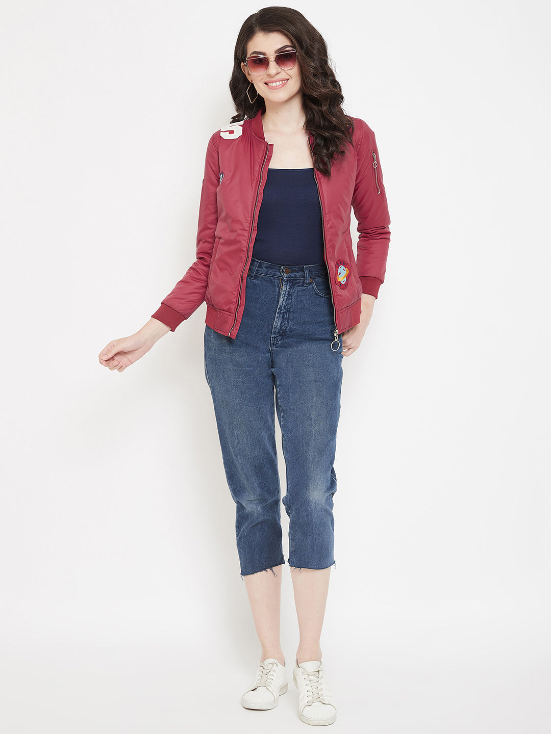 Austin Wood Women's Black Full Sleeves Solid Bomber Neck Jacket With Embroidery