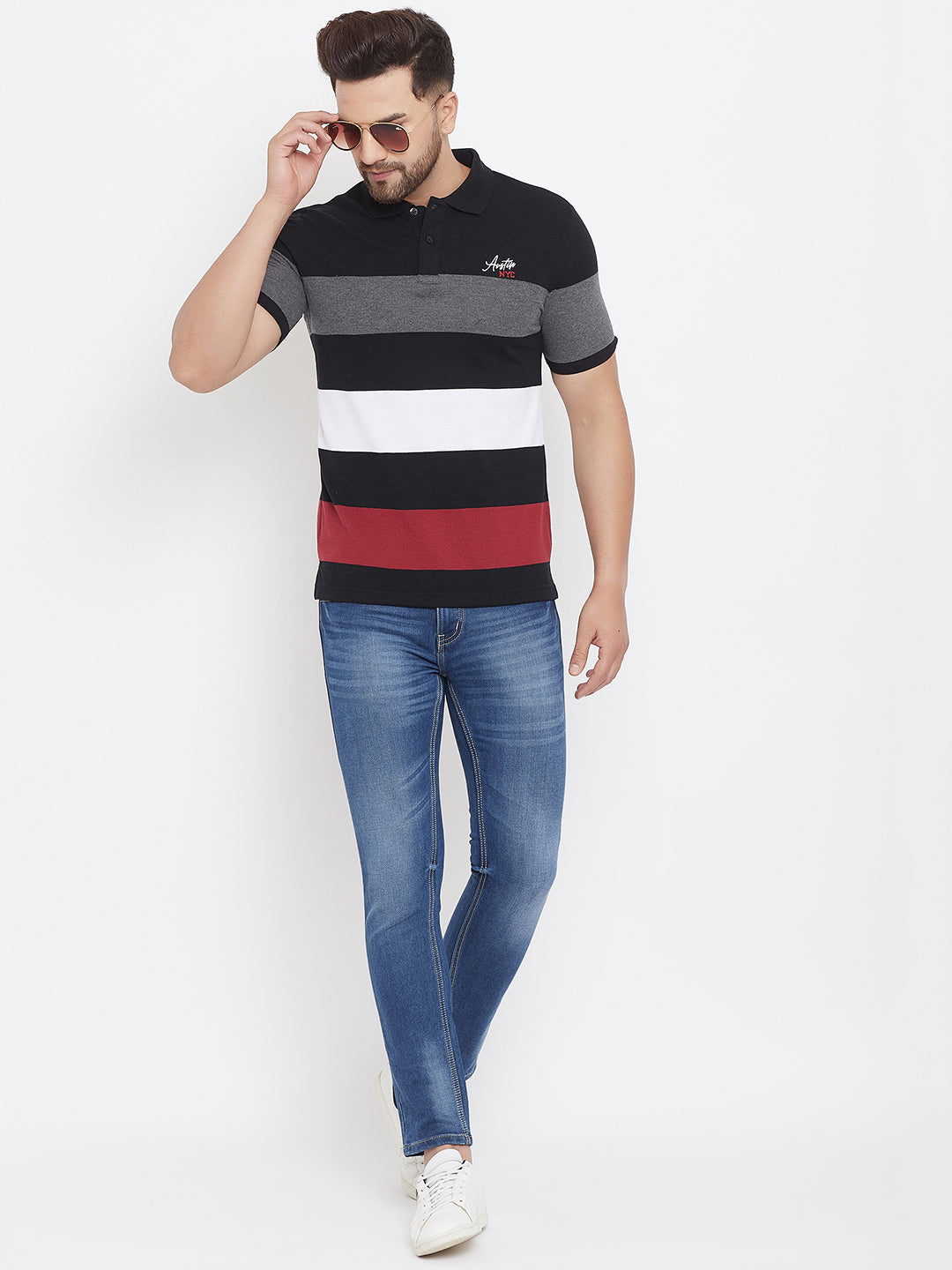 Austin Wood Men's Half Sleeves Polo Neck Colorblocked T-shirt