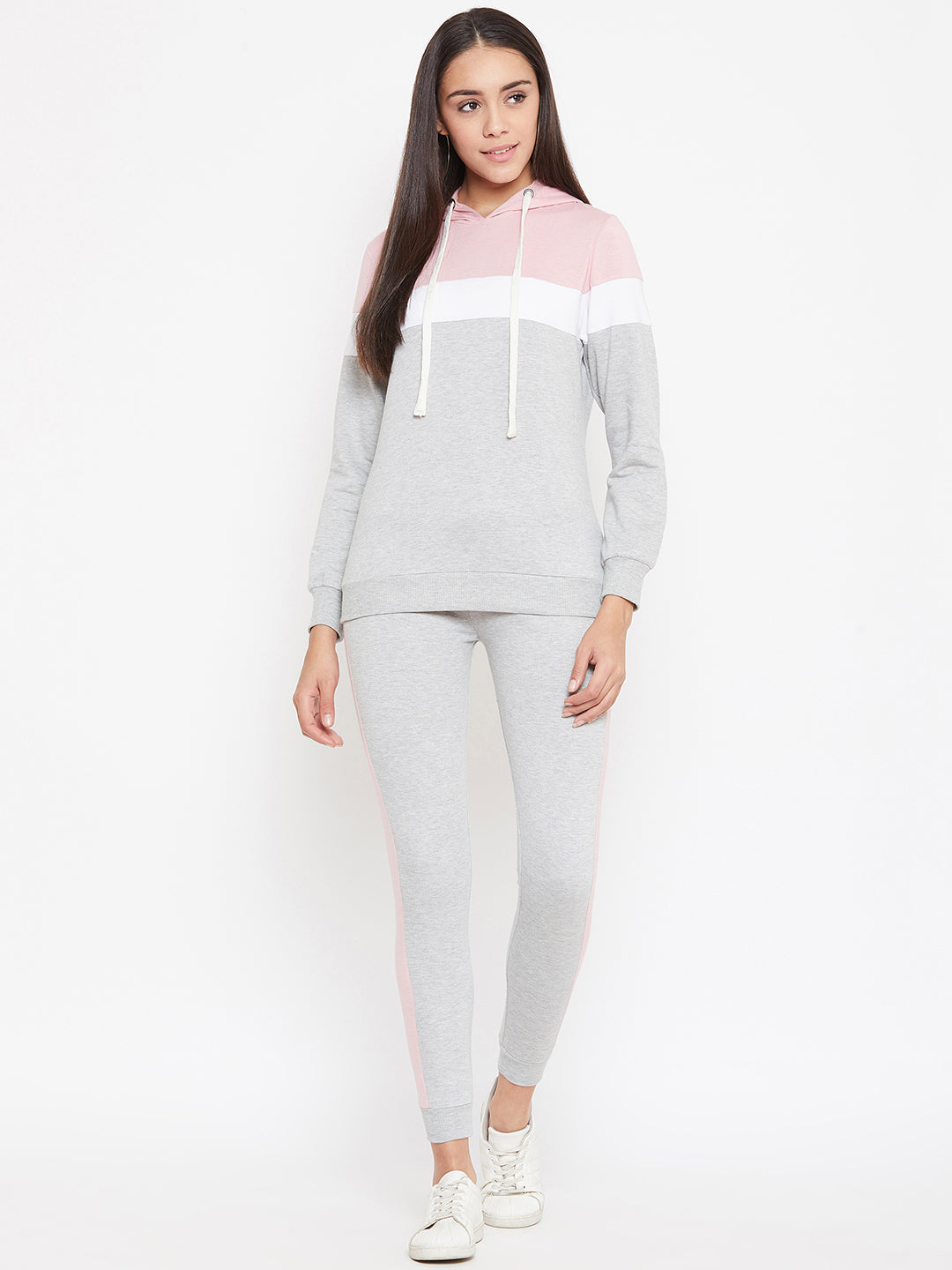 Austin Wood Women'sGrey Full Sleeves Colorblocked Hooded Tracksuit