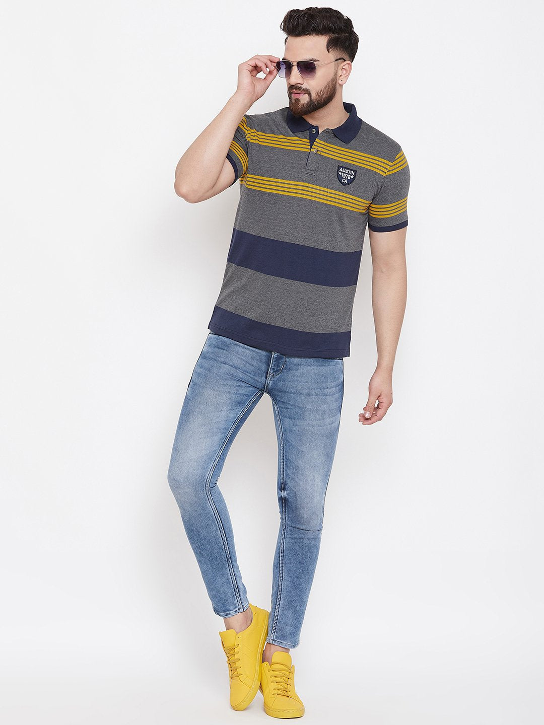 Austin Wood Grey Stripers Polo T-shirt