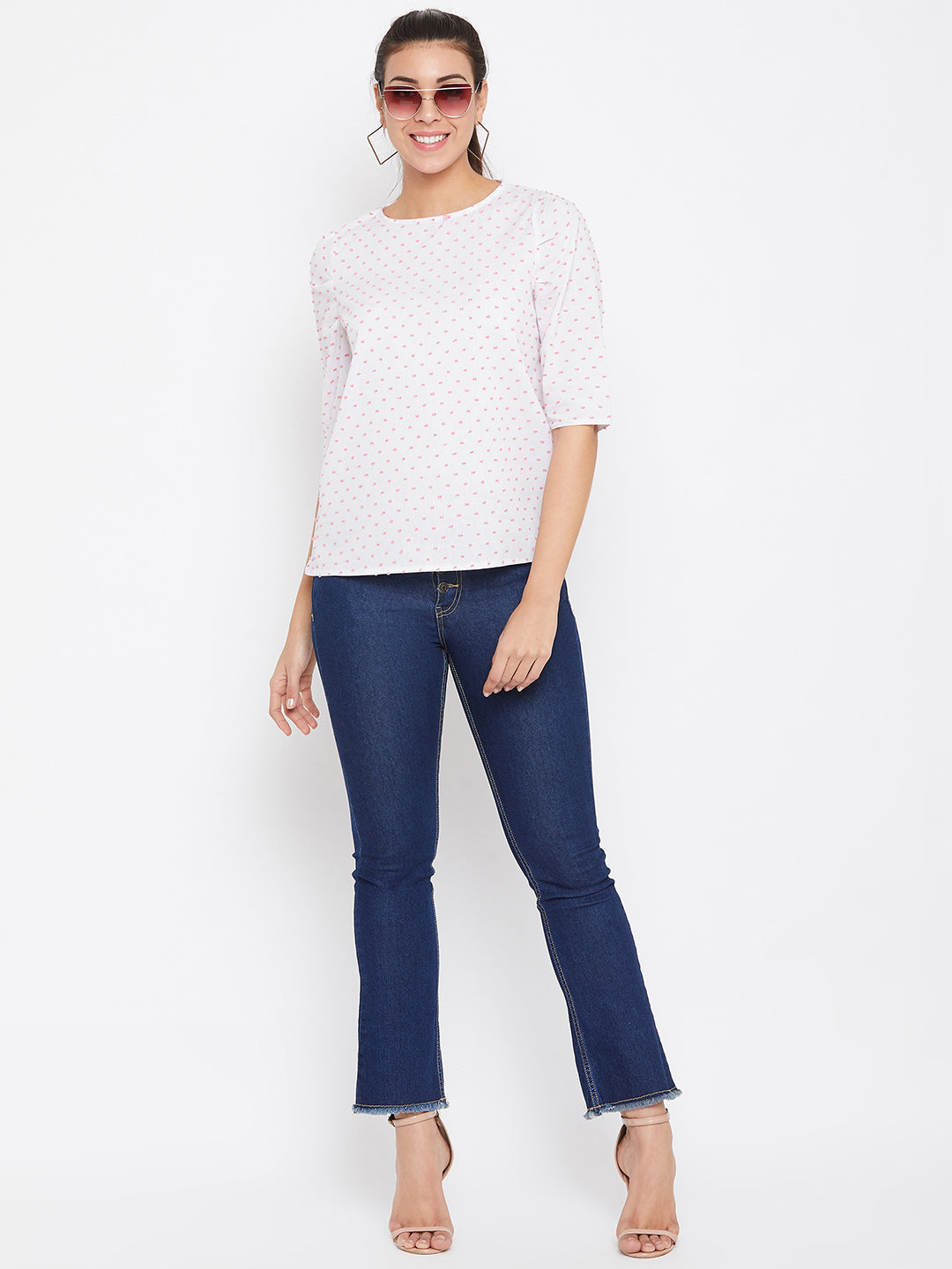 Austin Wood Casual Half Sleeve Printed Women White Top