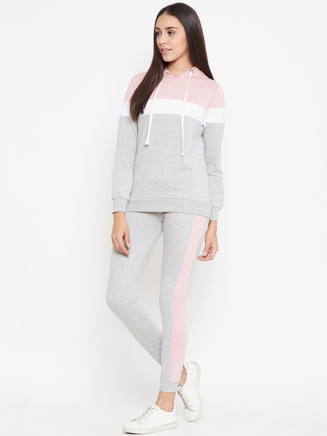 Austin Wood Women'sGrey Full Sleeves Colorblocked Hooded Tracksuit