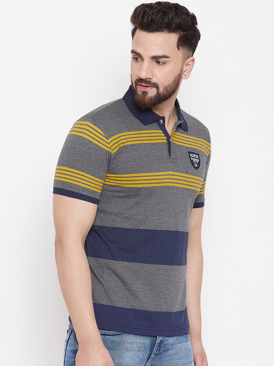 Austin Wood Grey Stripers Polo T-shirt