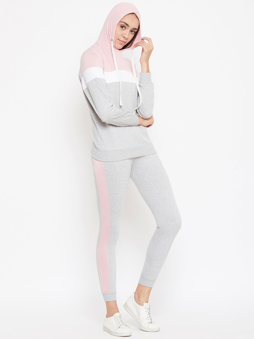 Austin Wood Women'sGrey Full Sleeves Colorblocked Hooded Tracksuit