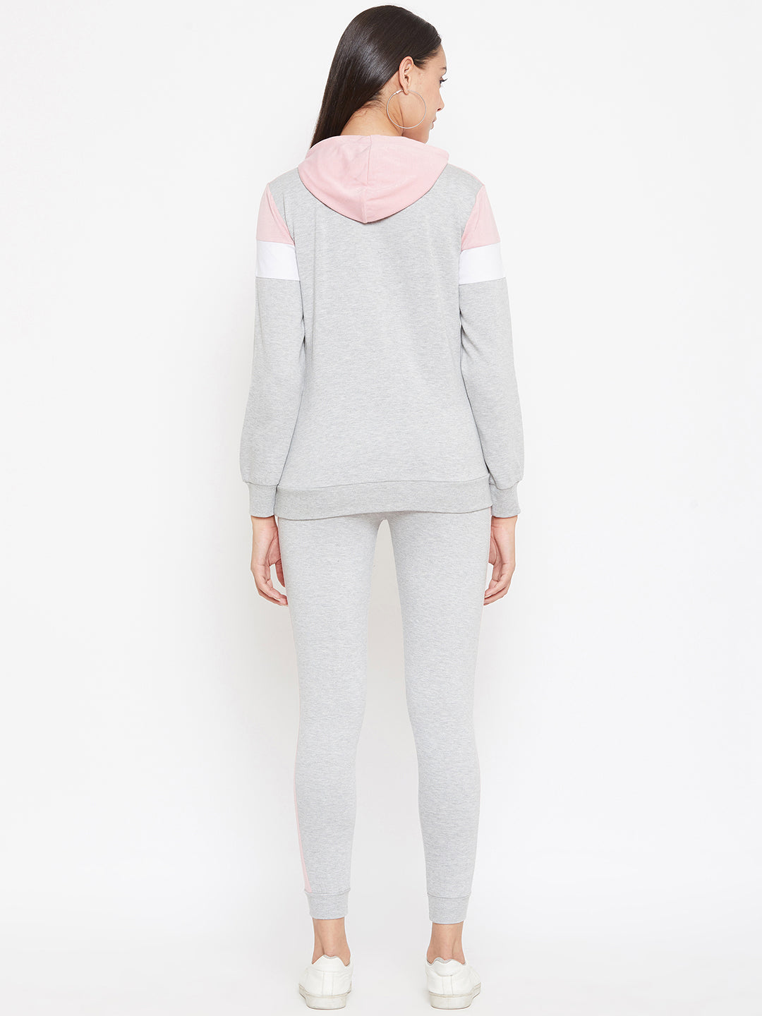 Austin Wood Women'sGrey Full Sleeves Colorblocked Hooded Tracksuit