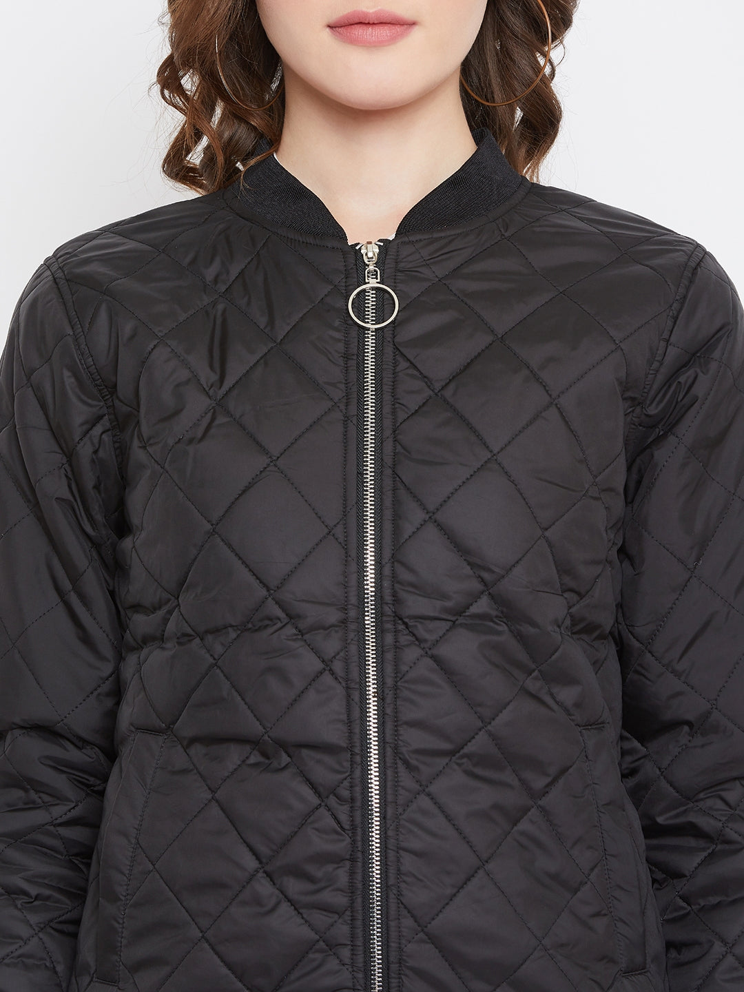 Austin Wood Women's Black Solid Full Sleeves Bomber Neck Padded Jacket With Size Tape