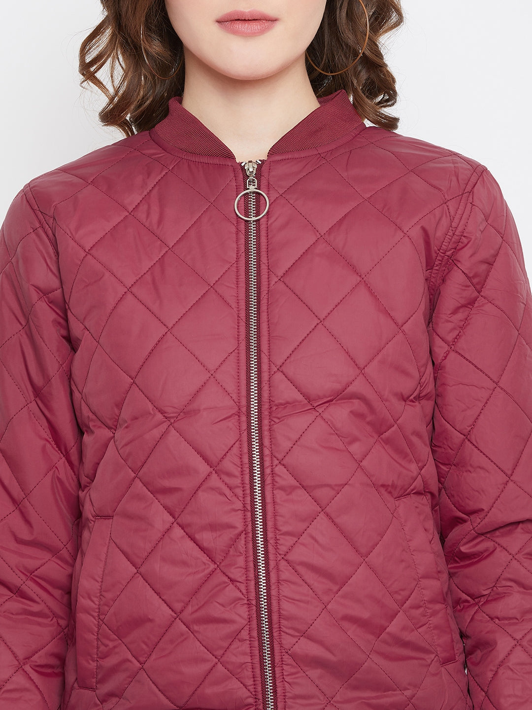 Austin Wood Women's Maroon Solid Full Sleeves Bomber Neck Padded Jacket With Size Tape