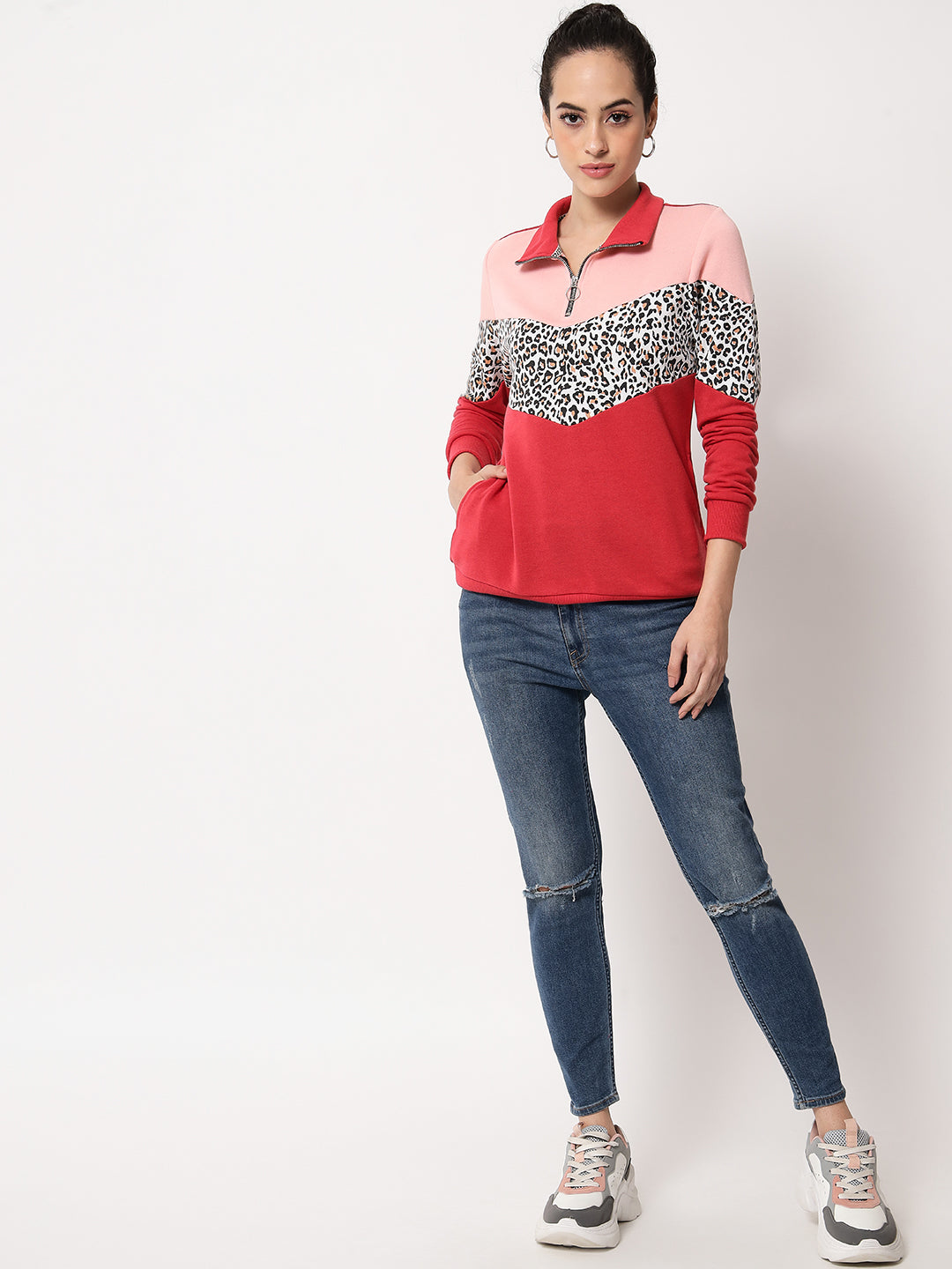 Women's Multi Colorblocked Long Sleeves High Neck Sweatshirt