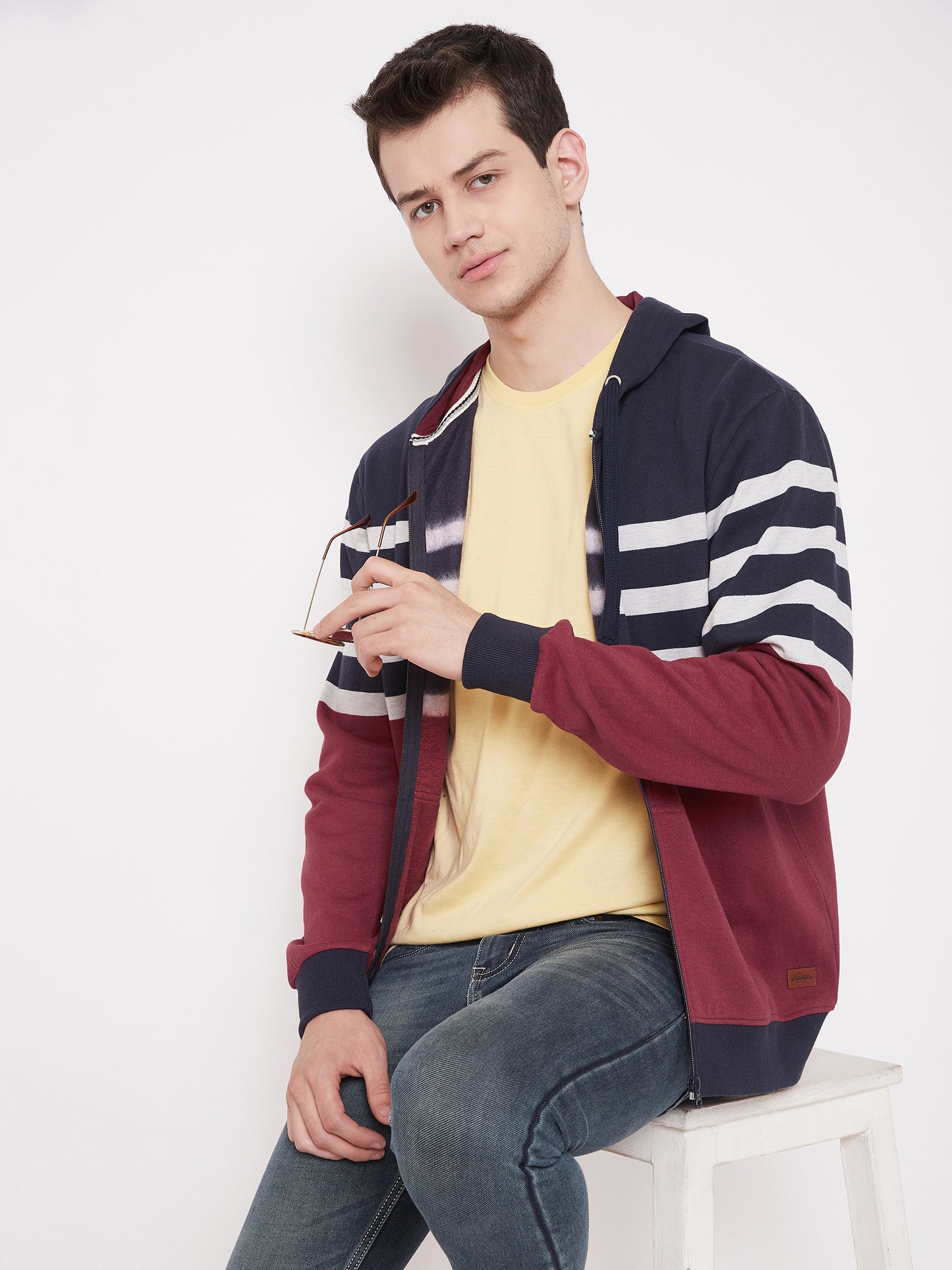 Austin Wood Men's Multi Full Sleeves Hooded Striper Sweatshirt