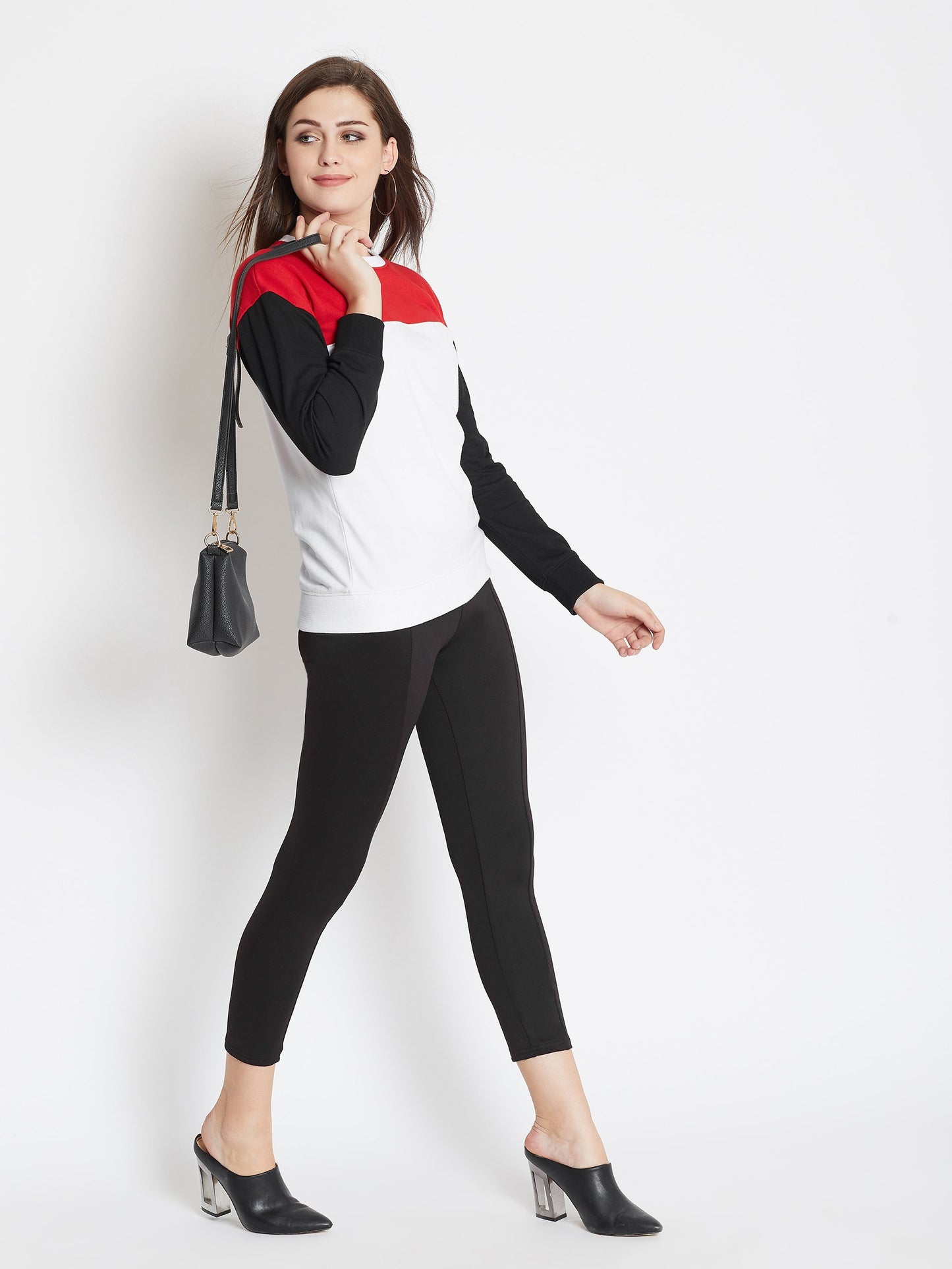 Women's White Colorblocked Long Sleeves Round Neck Sweatshirt