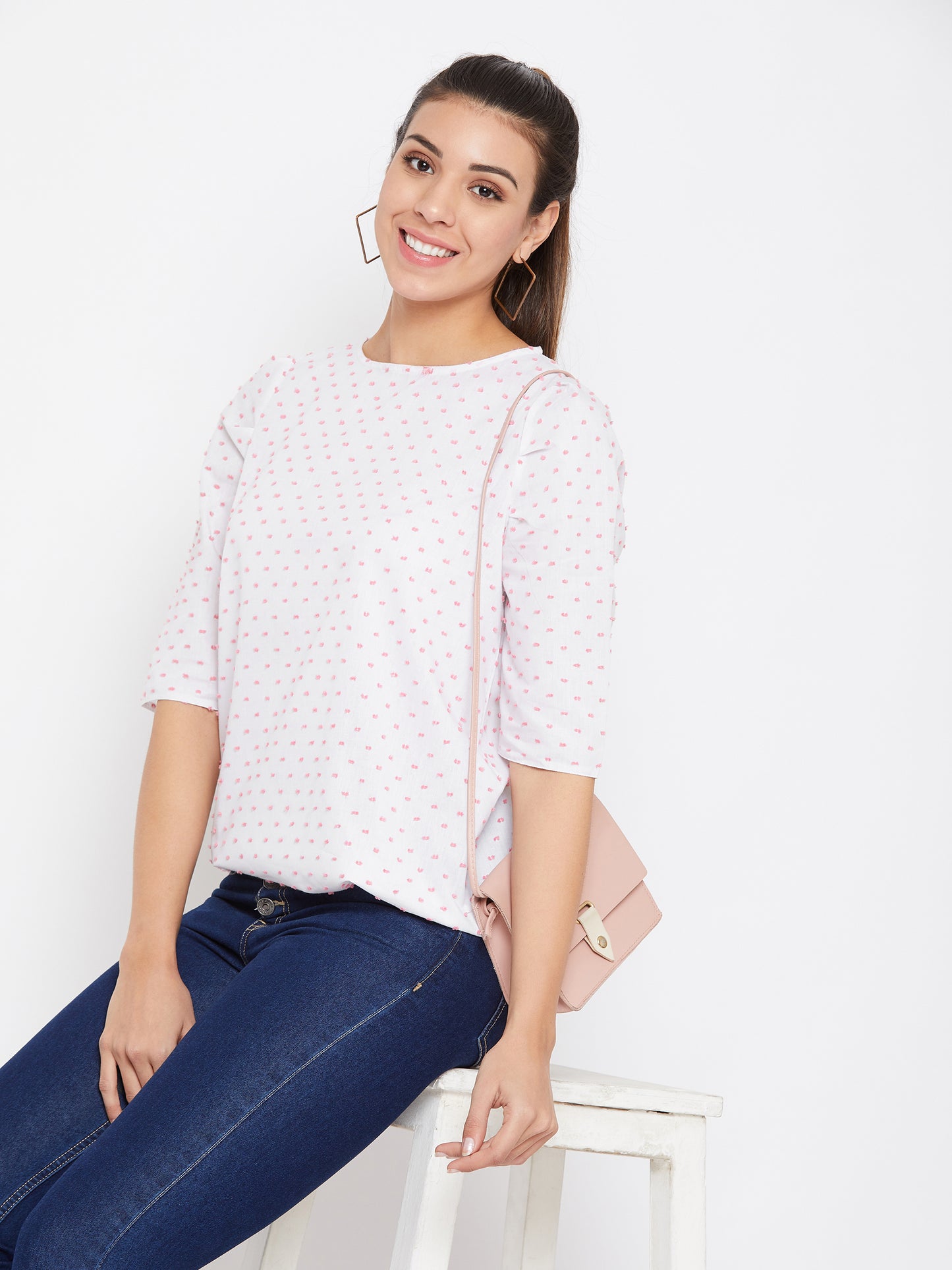 Austin Wood Casual Half Sleeve Printed Women White Top