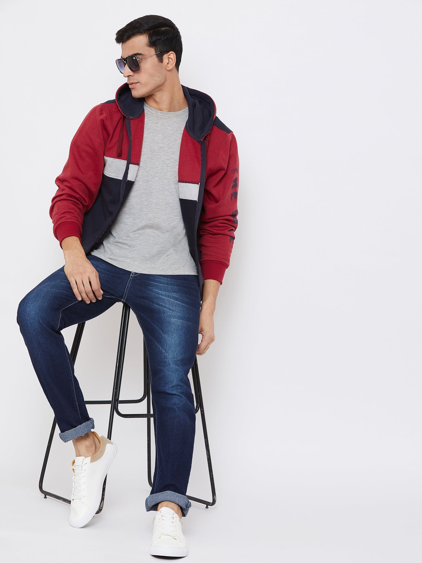 Austin Wood Men's Red Full Sleeves Colorblocked Hooded Sweatshirt