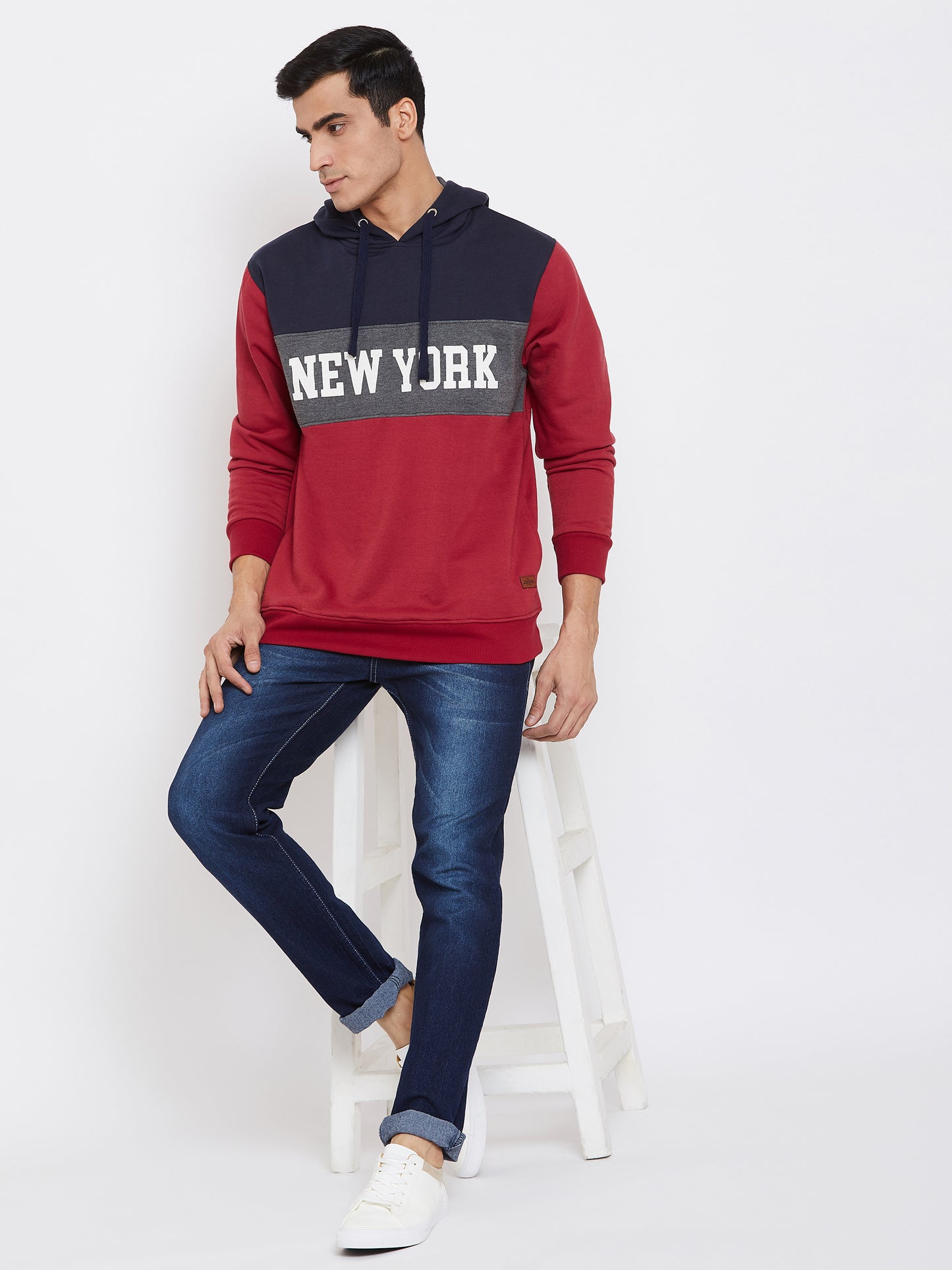 Austin Wood Men's Red Full Sleeves Colorblocked Hooded Sweatshirt