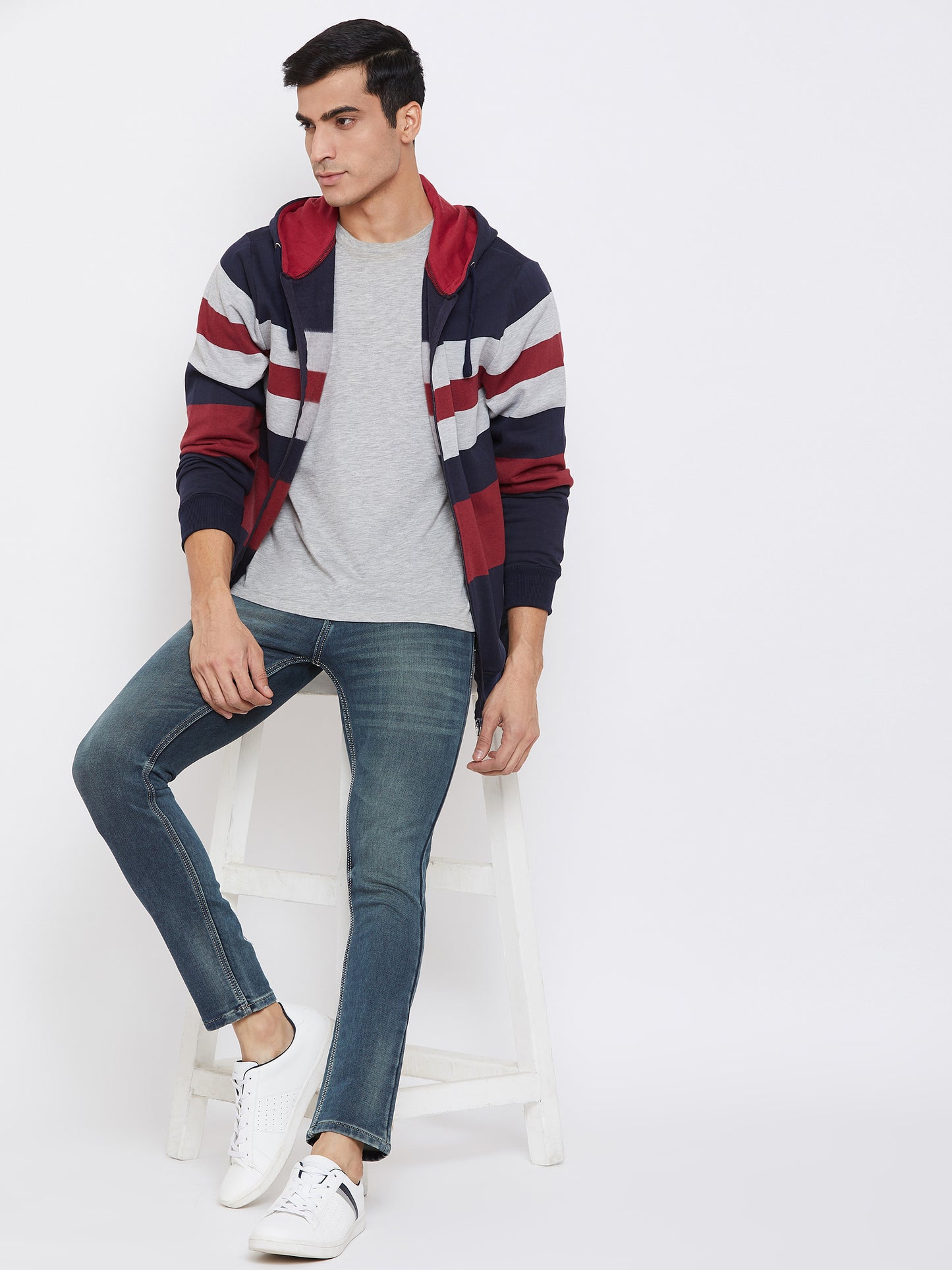 Austin Wood Men's Multi Full Sleeves Striper Hooded Sweatshirt