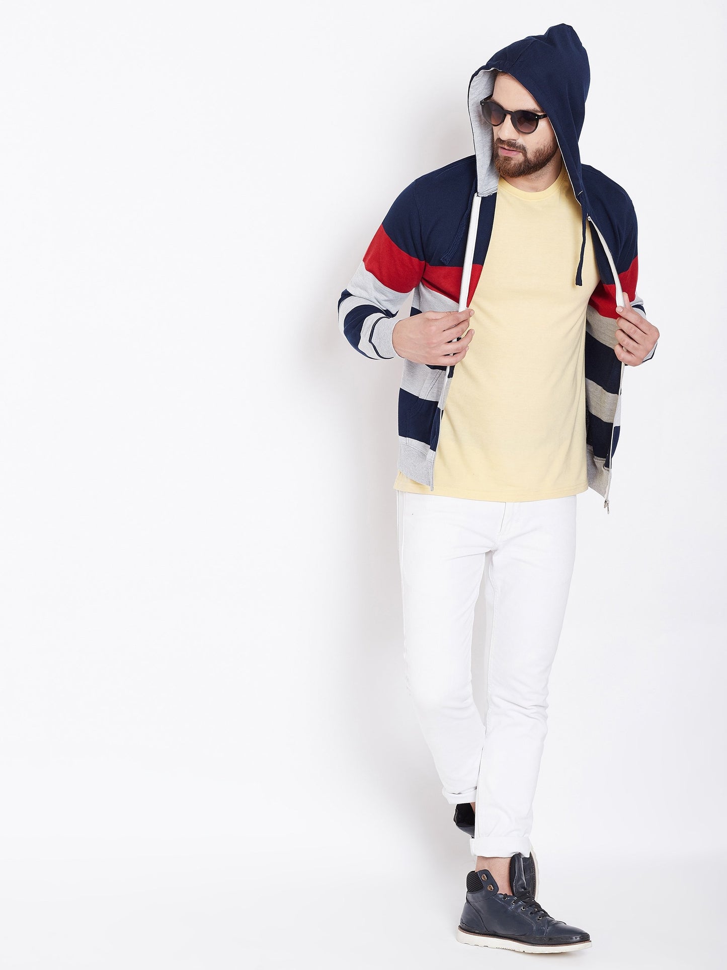 Men's Navy Blue Striper Hooded Sweatshirt