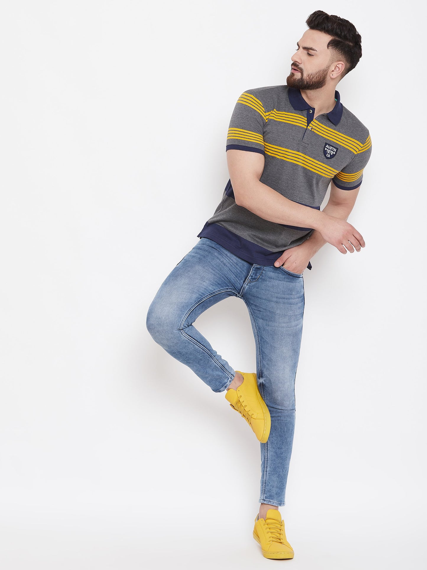 Austin Wood Grey Stripers Polo T-shirt