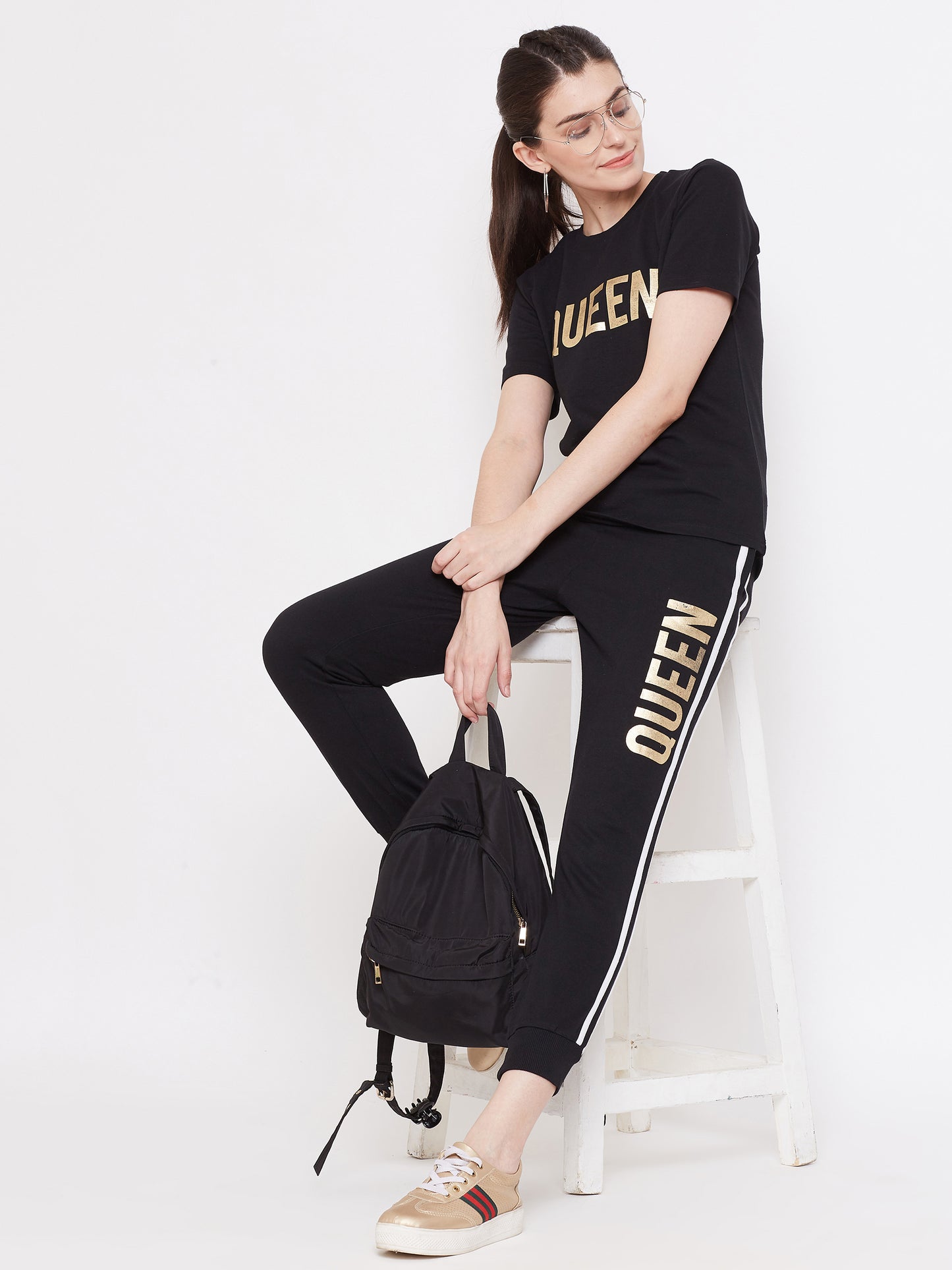 Austin Wood Women's Black Half Sleeves Printed Track Suit