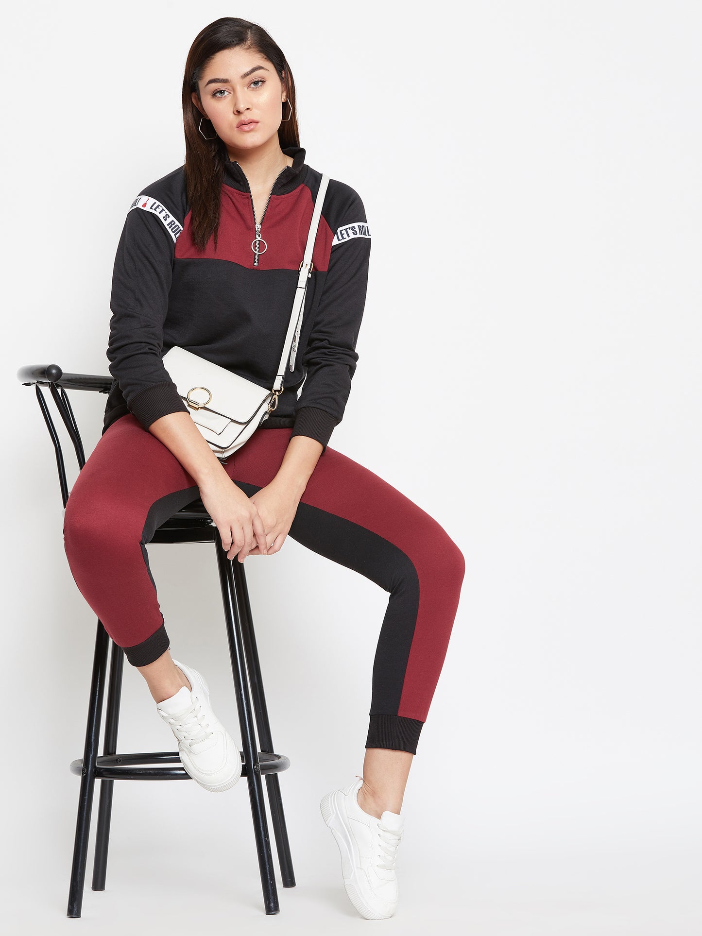 Austin Wood Women'sBlack Full Sleeves Colorblocked High Neck Tracksuit