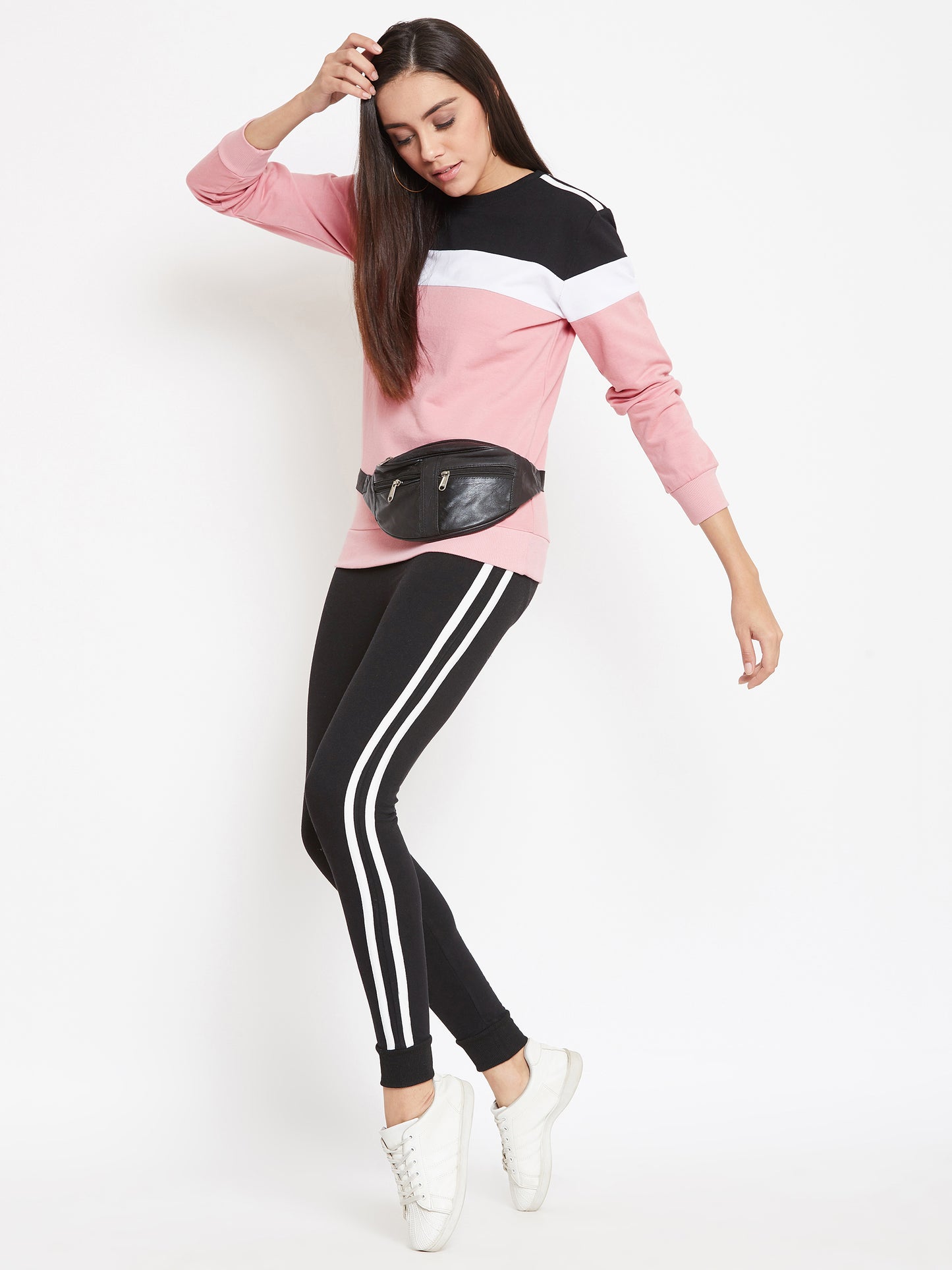 Austin Wood Women'sPink Full Sleeves Colorblocked Round Neck Tracksuit